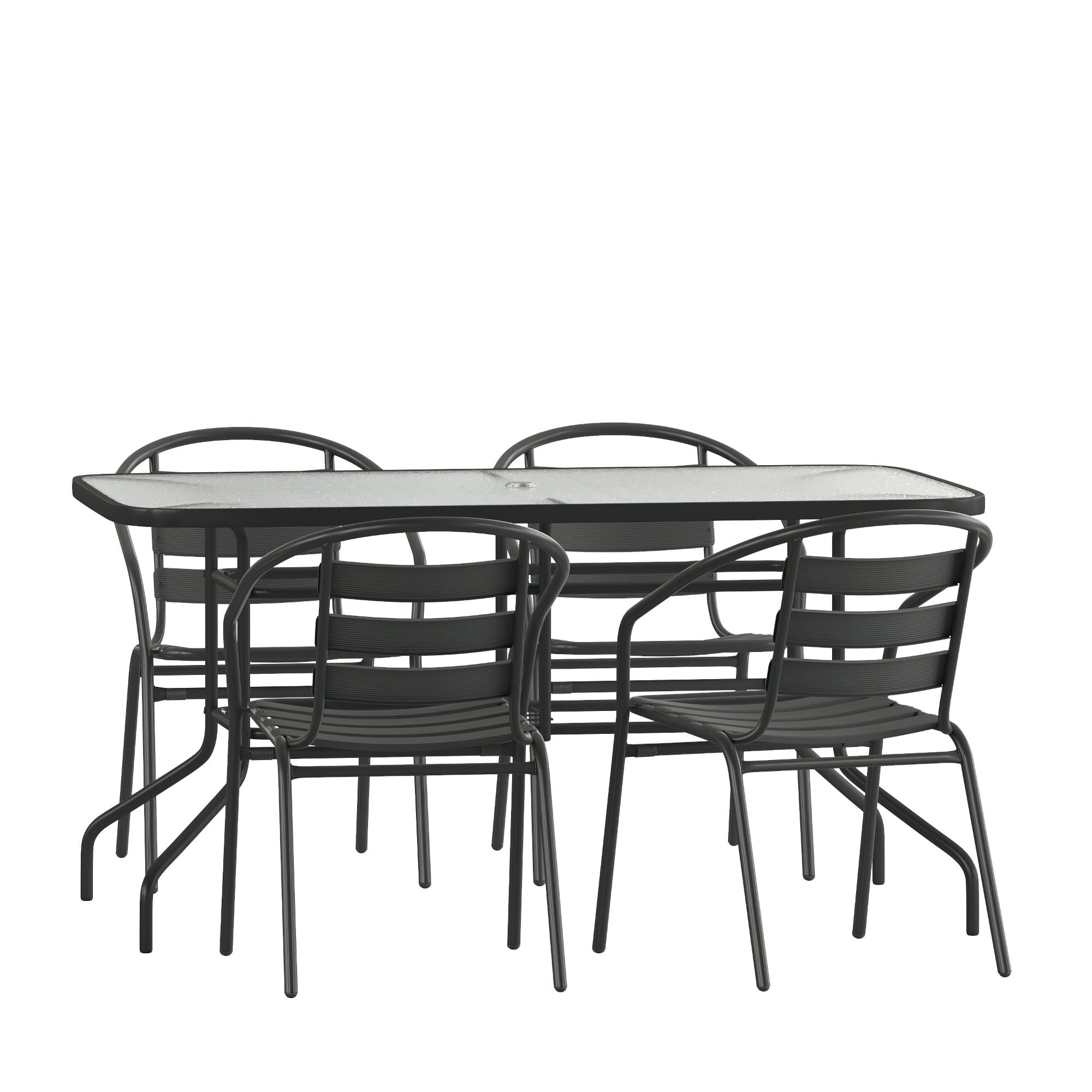 Ensemble de salle à manger de patio 5 pièces : table en verre, 4 chaises empilables flexibles
