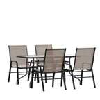 Ensemble de salle à manger de patio 5 pièces : table en verre, 4 chaises empilables flexibles