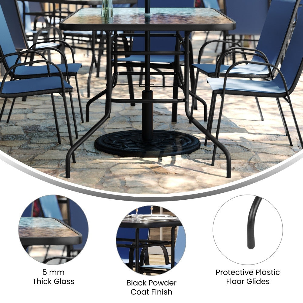 Ensemble de salle à manger de patio 5 pièces : table en verre, 4 chaises empilables flexibles
