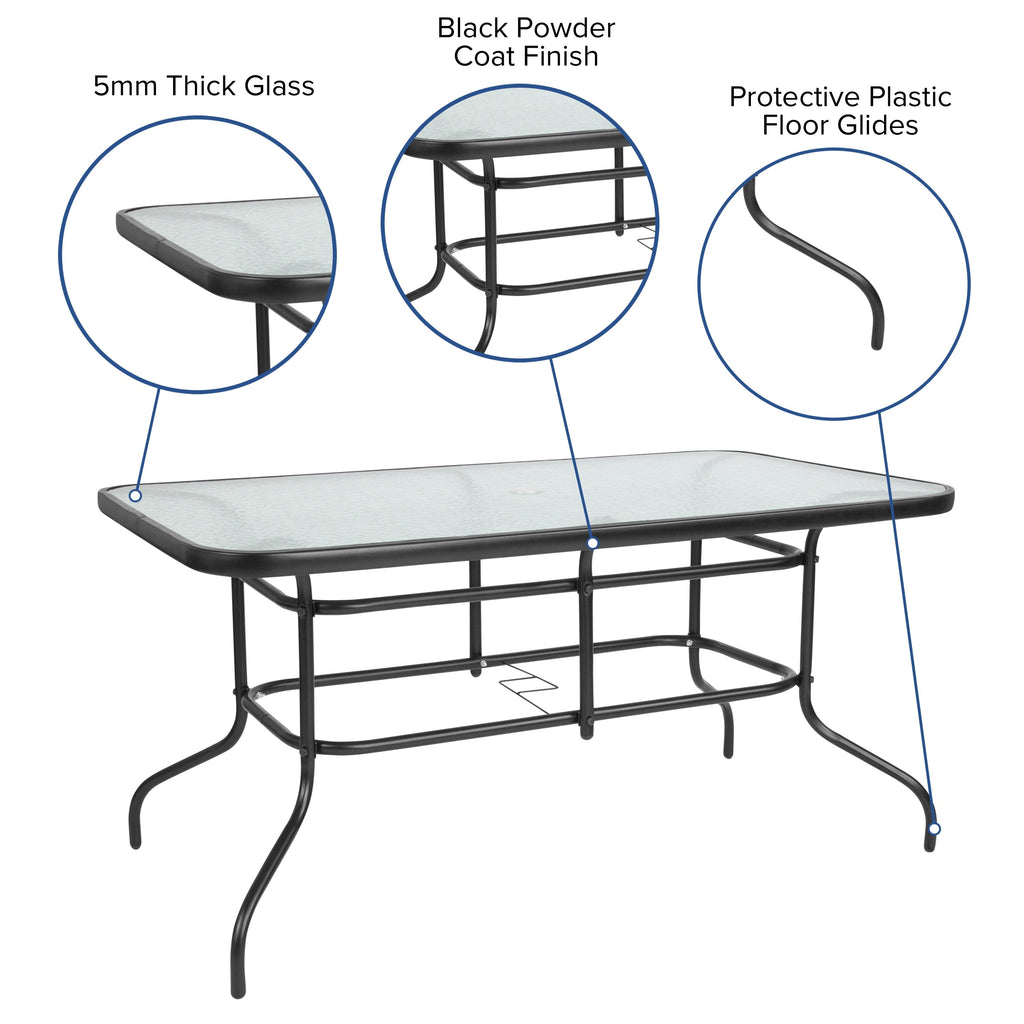 Ensemble de salle à manger de patio 5 pièces : table en verre, 4 chaises empilables flexibles