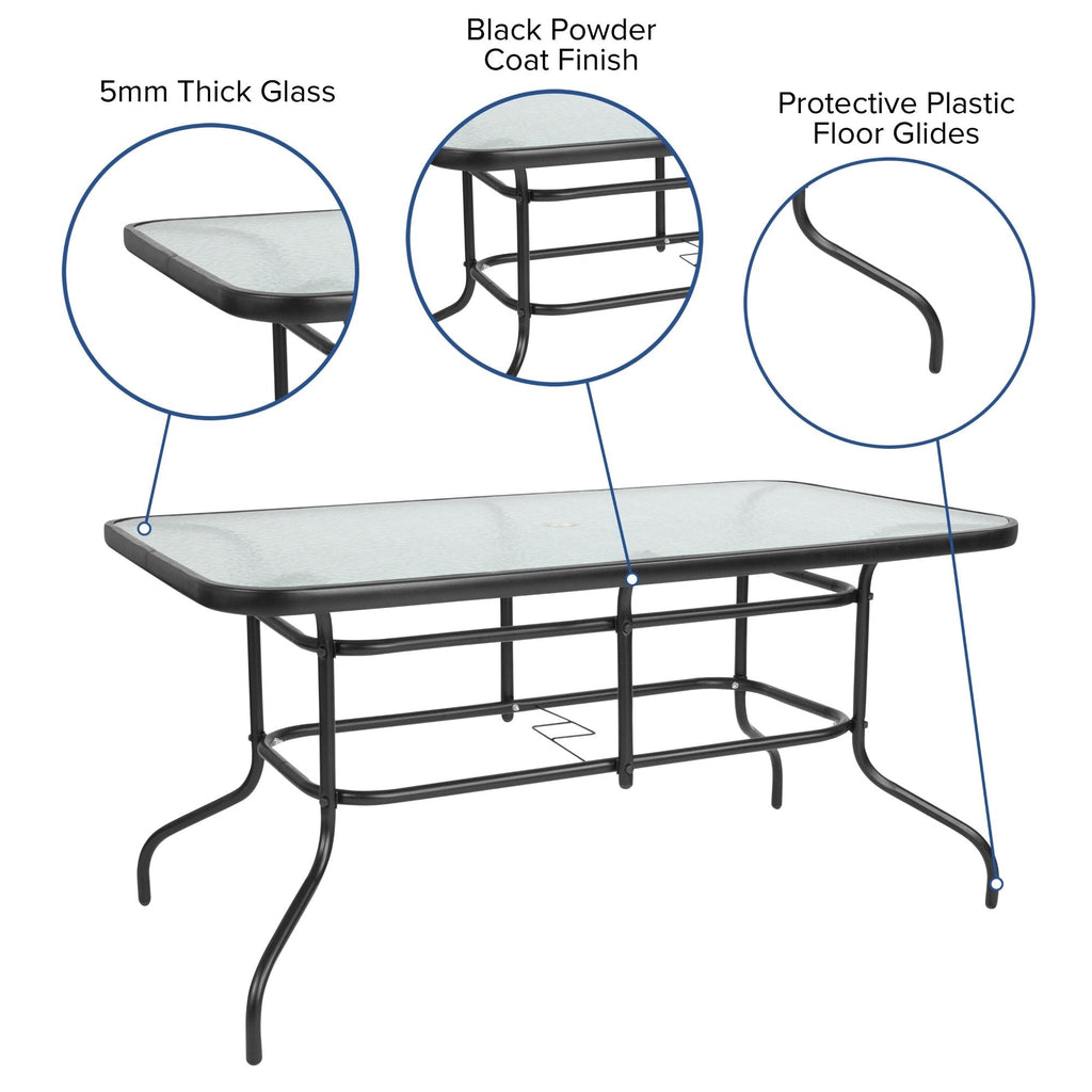 Ensemble de salle à manger de patio 5 pièces : table en verre, 4 chaises empilables flexibles