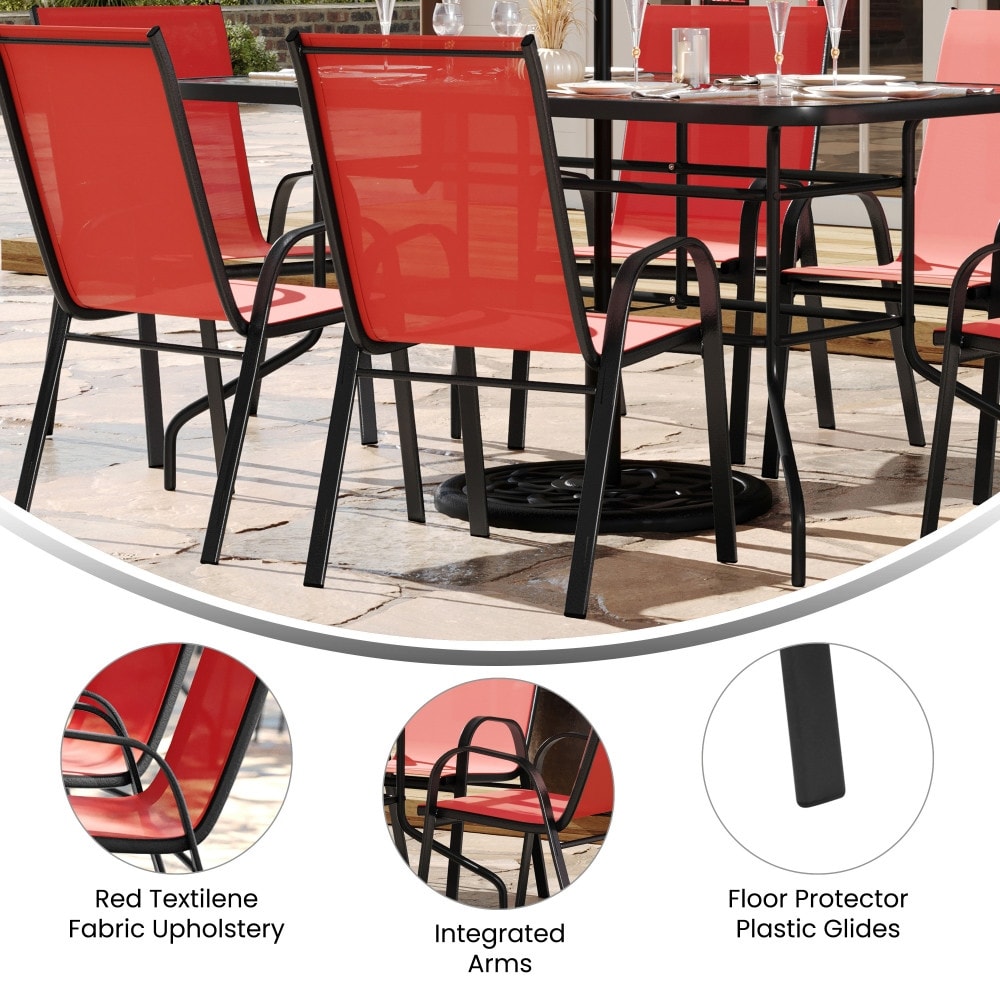 Ensemble de salle à manger de patio 5 pièces : table en verre, 4 chaises empilables flexibles
