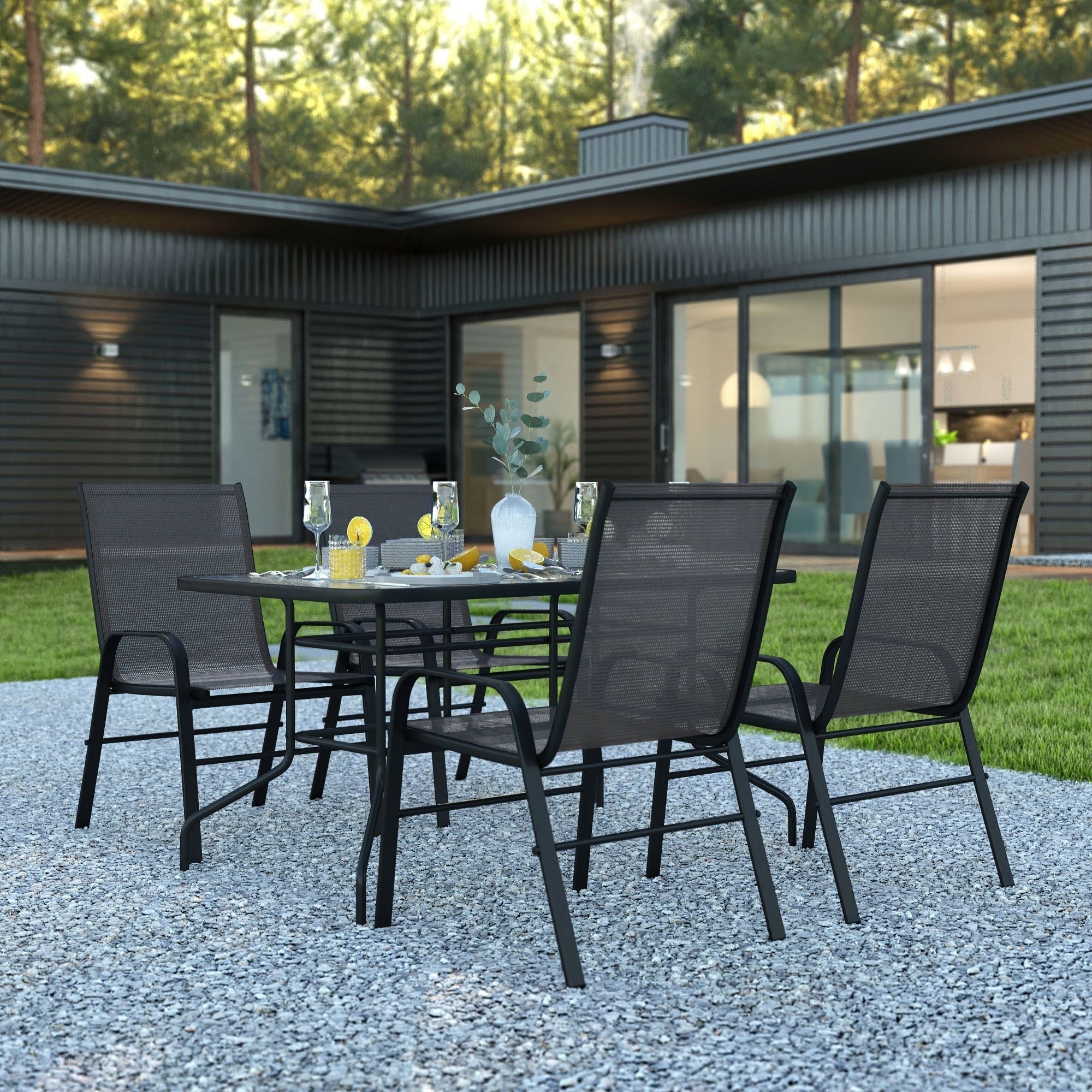 Ensemble de salle à manger de patio 5 pièces : table en verre, 4 chaises empilables flexibles