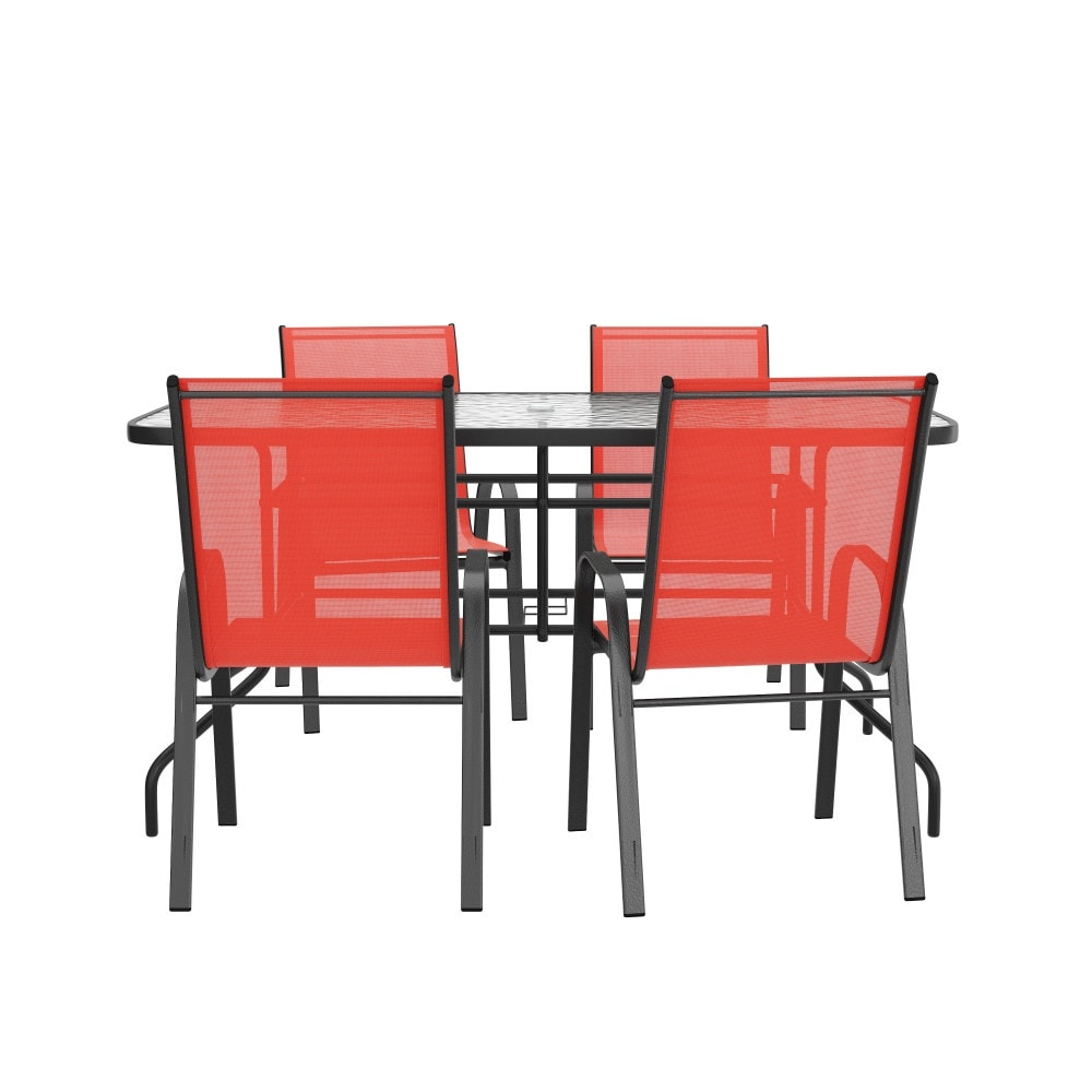 Ensemble de salle à manger de patio 5 pièces : table en verre, 4 chaises empilables flexibles