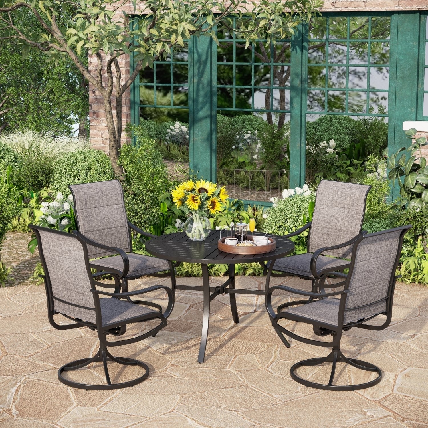 Ensemble de salle à manger de patio 5 pièces MAISON ARTS comprenant 4 chaises pivotantes en toile et 1 table à manger ronde avec revêtement électronique et trou pour parasol