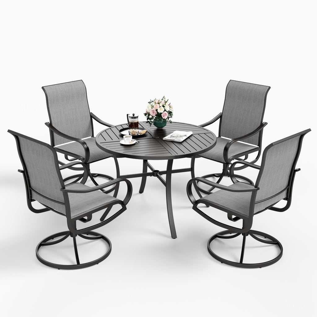 Ensemble de salle à manger de patio 5 pièces MAISON ARTS comprenant 4 chaises pivotantes en toile et 1 table à manger ronde avec revêtement électronique et trou pour parasol
