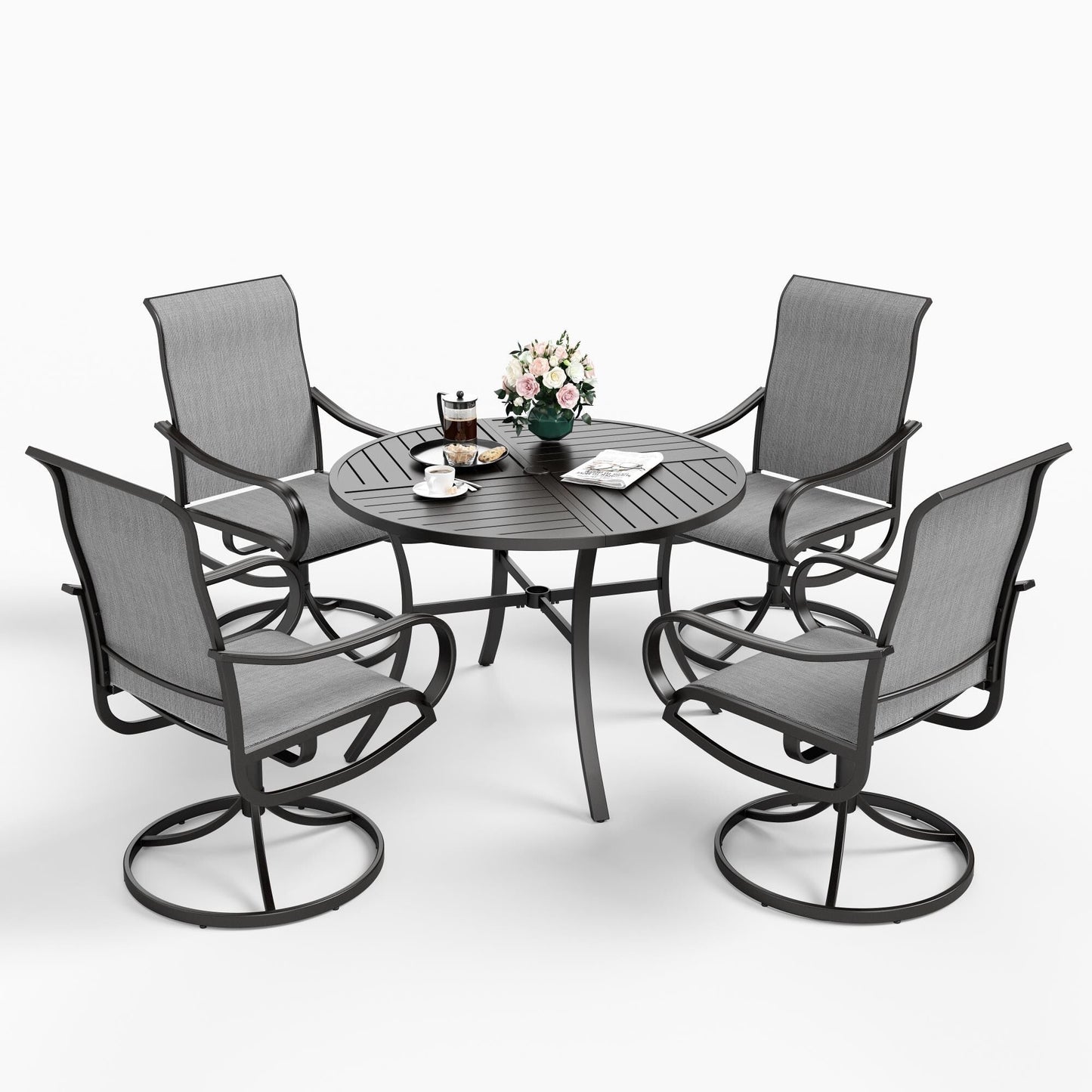 Ensemble de salle à manger de patio 5 pièces MAISON ARTS comprenant 4 chaises pivotantes en toile et 1 table à manger ronde avec revêtement électronique et trou pour parasol