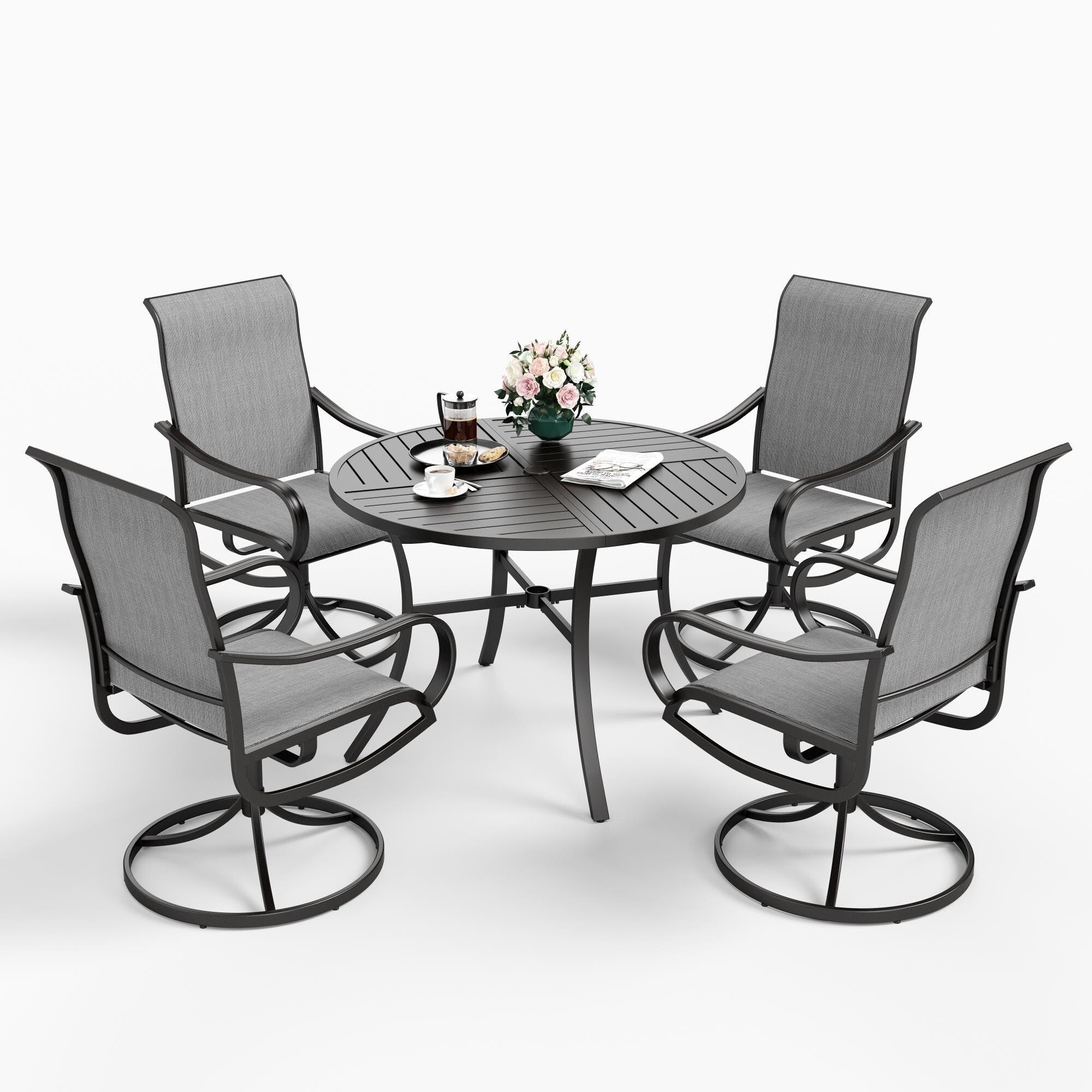 Ensemble de salle à manger de patio 5 pièces MAISON ARTS comprenant 4 chaises pivotantes en toile et 1 table à manger ronde avec revêtement électronique et trou pour parasol