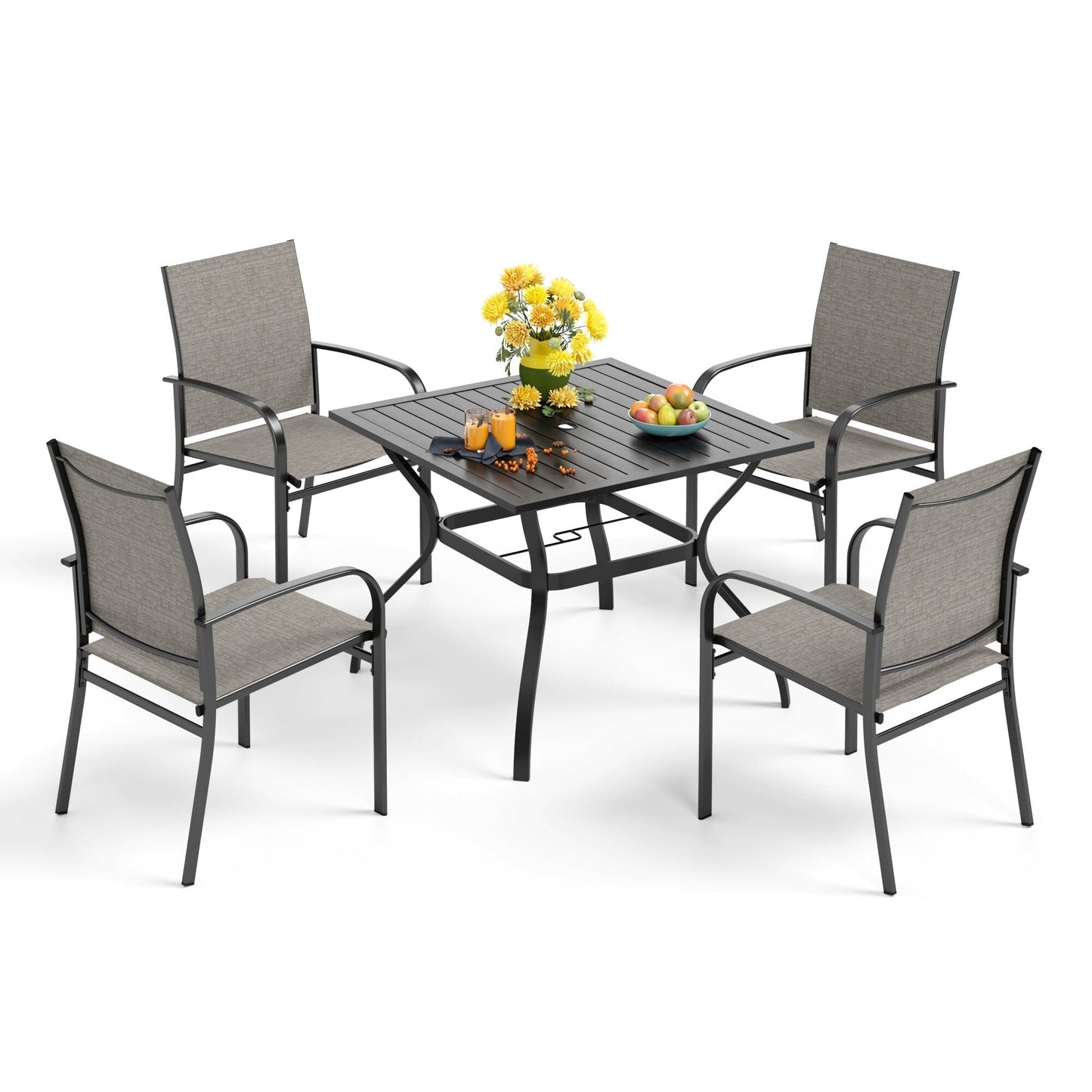 Ensemble de salle à manger de patio 5 pièces MAISON ARTS, table carrée en métal de 94 cm et 4 chaises en textilène