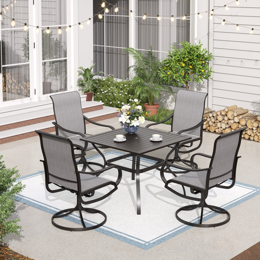 Ensemble de salle à manger de patio 5 pièces MAISON ARTS, 4 chaises pivotantes en toile et une table carrée en métal de 37 po avec trou pour parasol de 1,57 po