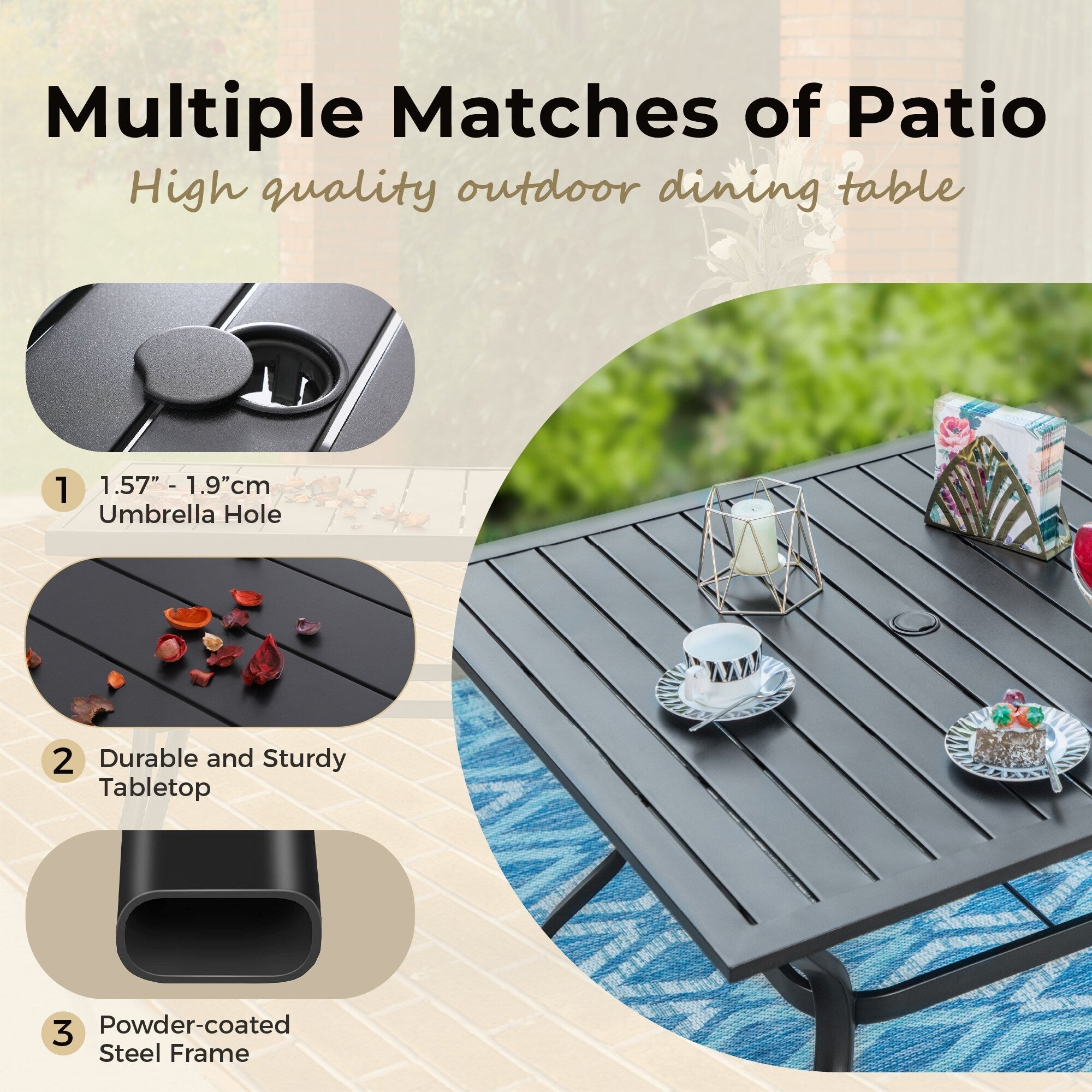 Ensemble de salle à manger de patio 5 pièces MAISON ARTS, 4 chaises pivotantes en toile et une table carrée en métal de 37 po avec trou pour parasol de 1,57 po