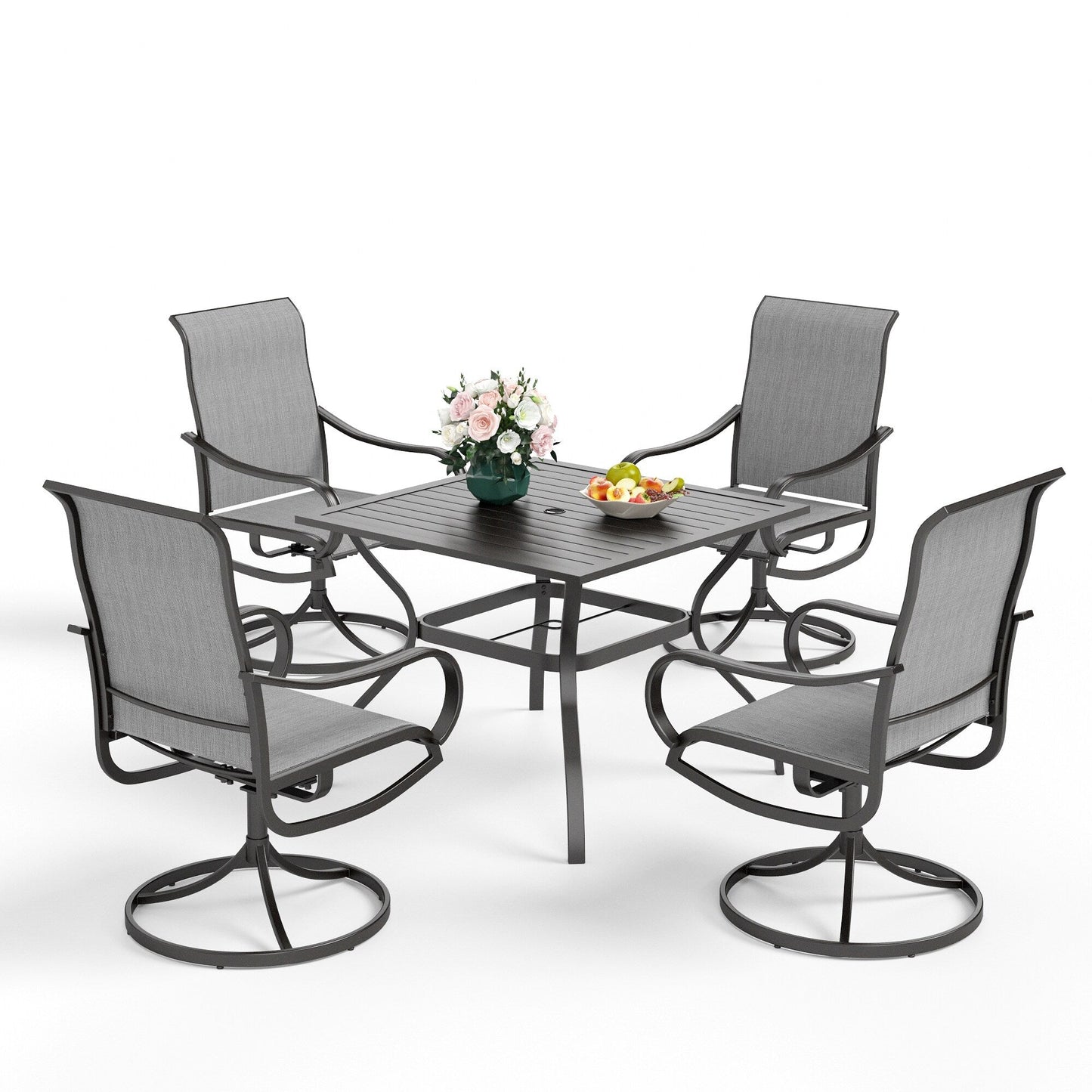 Ensemble de salle à manger de patio 5 pièces MAISON ARTS, 4 chaises pivotantes en toile et une table carrée en métal de 37 po avec trou pour parasol de 1,57 po