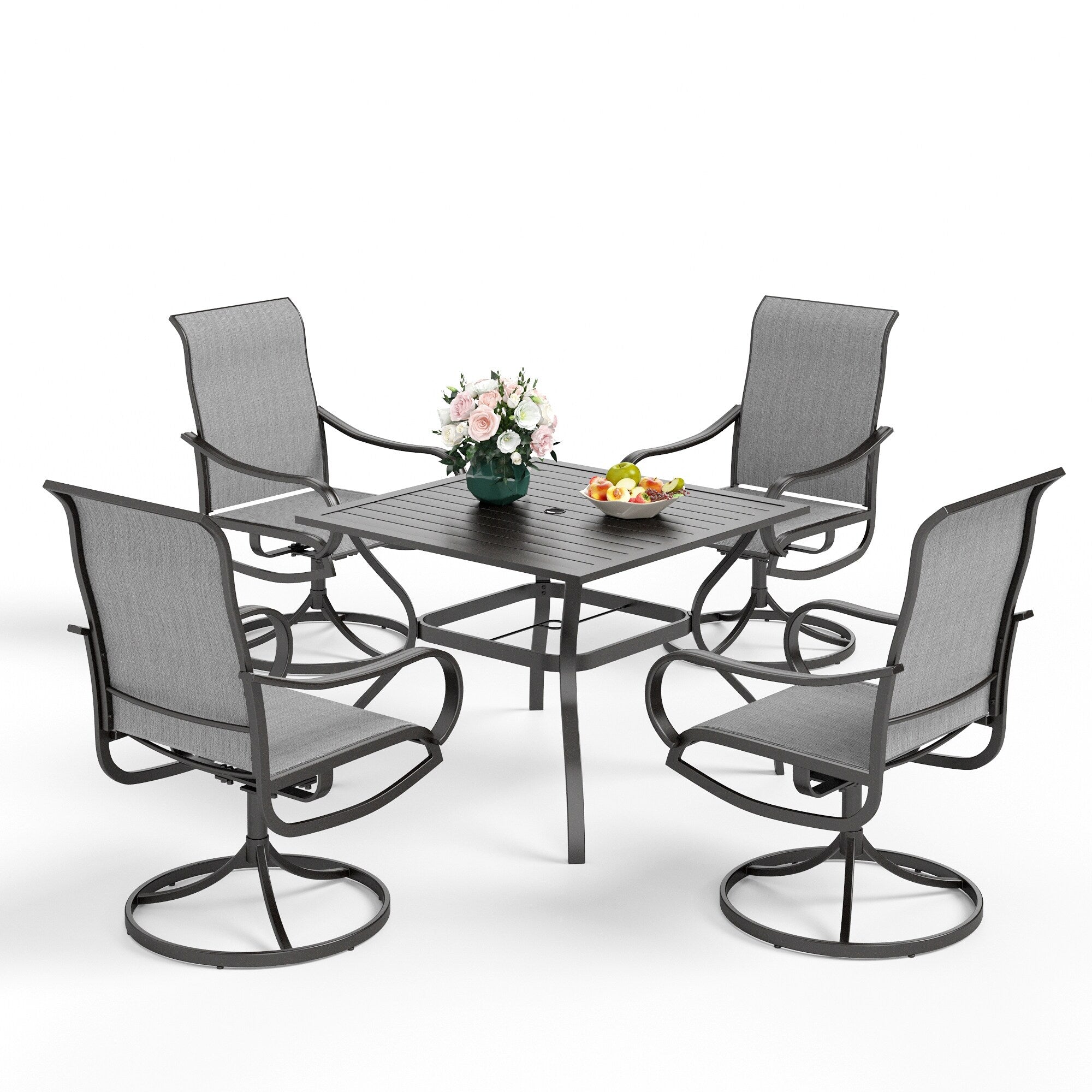 Ensemble de salle à manger de patio 5 pièces MAISON ARTS, 4 chaises pivotantes en toile et une table carrée en métal de 37 po avec trou pour parasol de 1,57 po