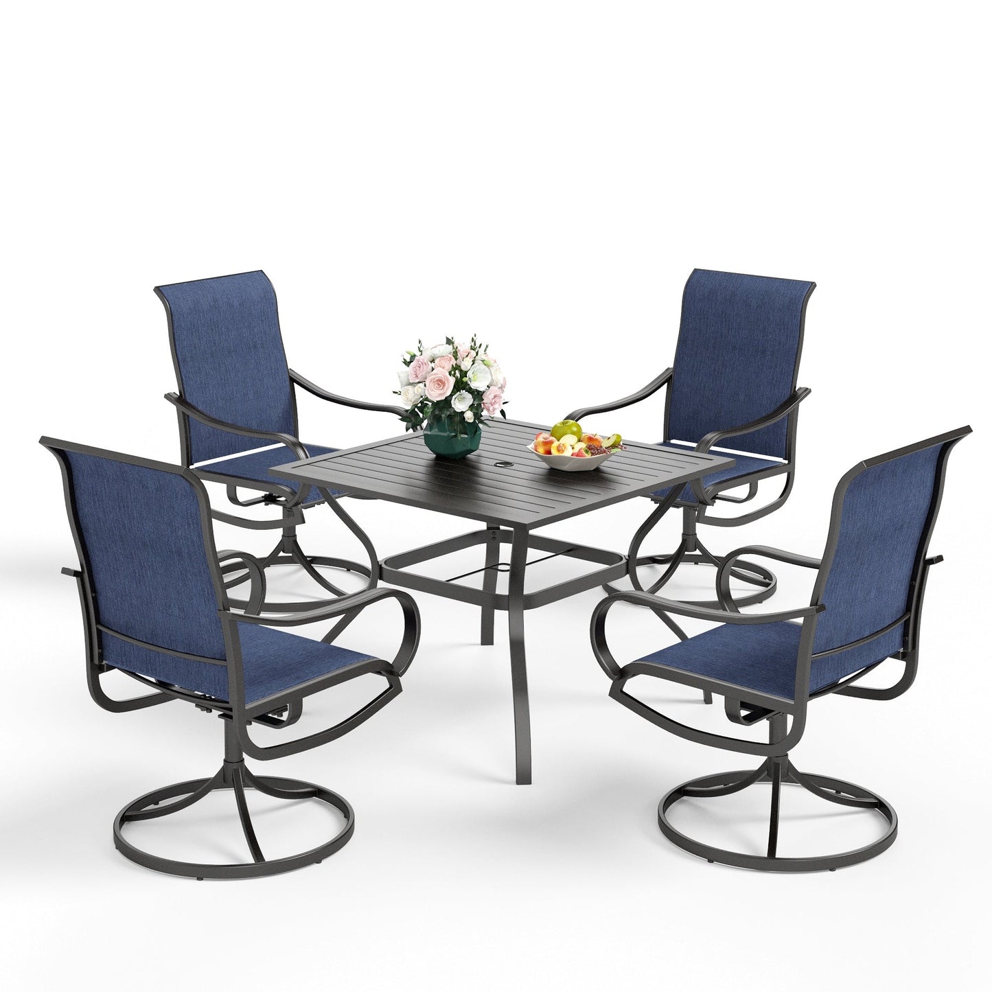 Ensemble de salle à manger de patio 5 pièces MAISON ARTS, 4 chaises pivotantes en toile et une table carrée en métal de 37 po avec trou pour parasol de 1,57 po