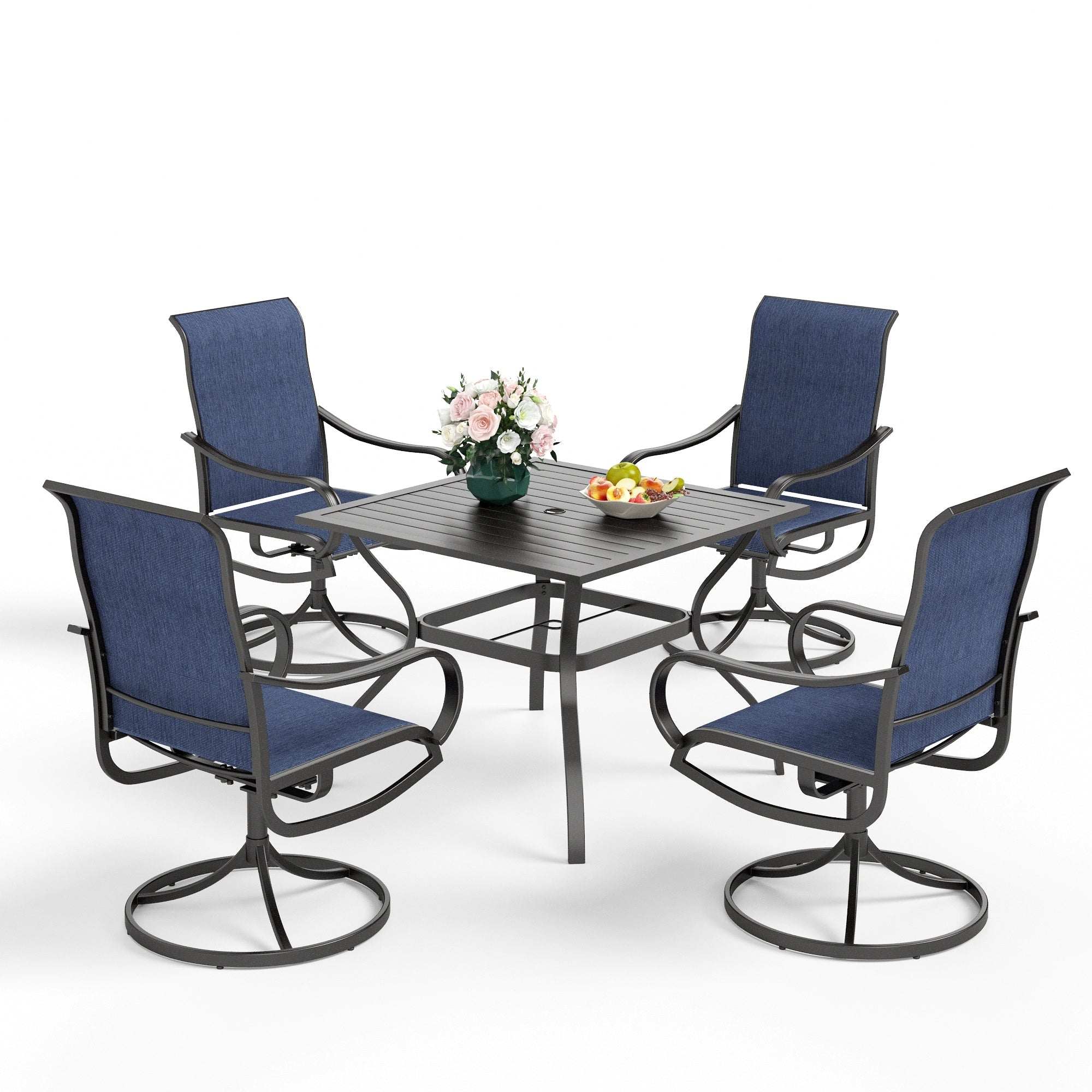 Ensemble de salle à manger de patio 5 pièces MAISON ARTS, 4 chaises pivotantes en toile et une table carrée en métal de 37 po avec trou pour parasol de 1,57 po