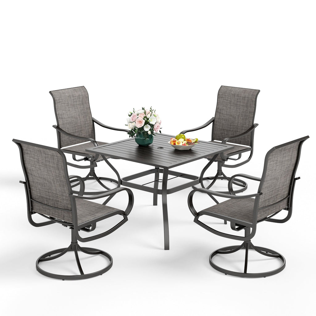 Ensemble de salle à manger de patio 5 pièces MAISON ARTS, 4 chaises pivotantes en toile et une table carrée en métal de 37 po avec trou pour parasol de 1,57 po