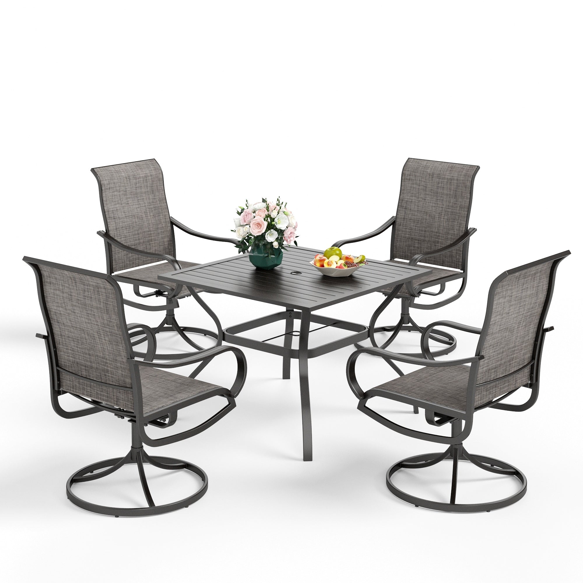 Ensemble de salle à manger de patio 5 pièces MAISON ARTS, 4 chaises pivotantes en toile et une table carrée en métal de 37 po avec trou pour parasol de 1,57 po