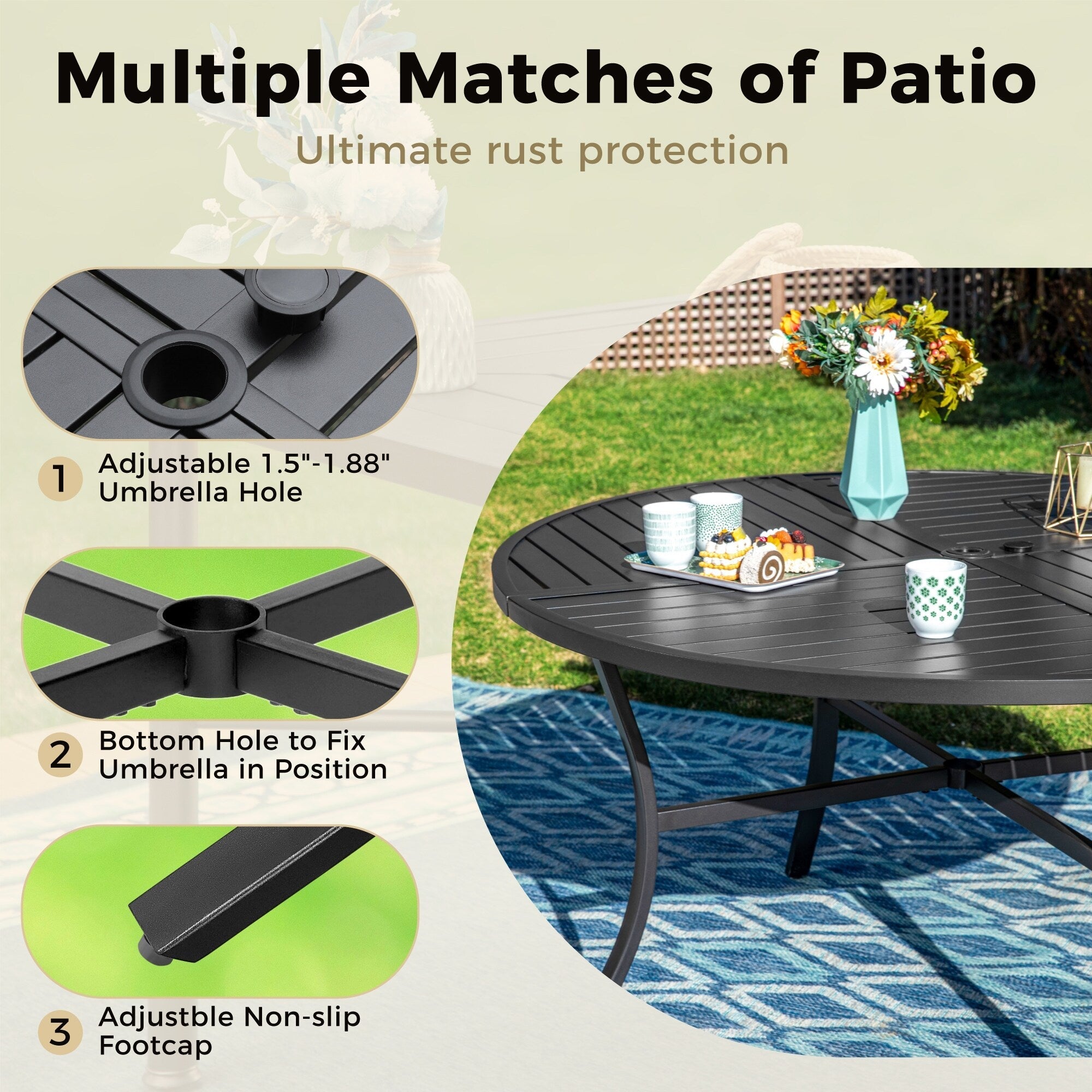 Ensemble de patio 5 pièces avec table ronde en métal de 42 pouces avec trou pour parasol et chaises en osier avec coussin