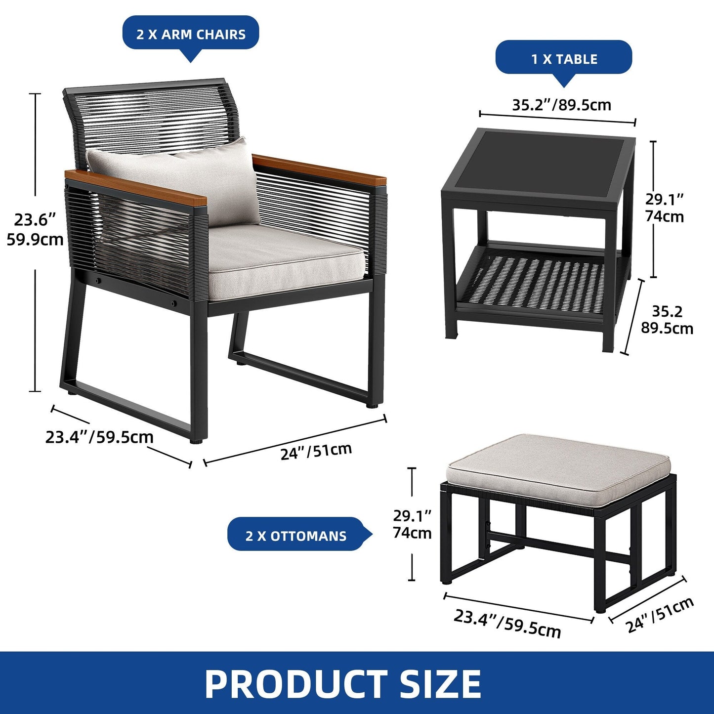 Ensemble bistro 5 pièces en osier avec coussins - 23,2 L x 28 l x 30,7 H