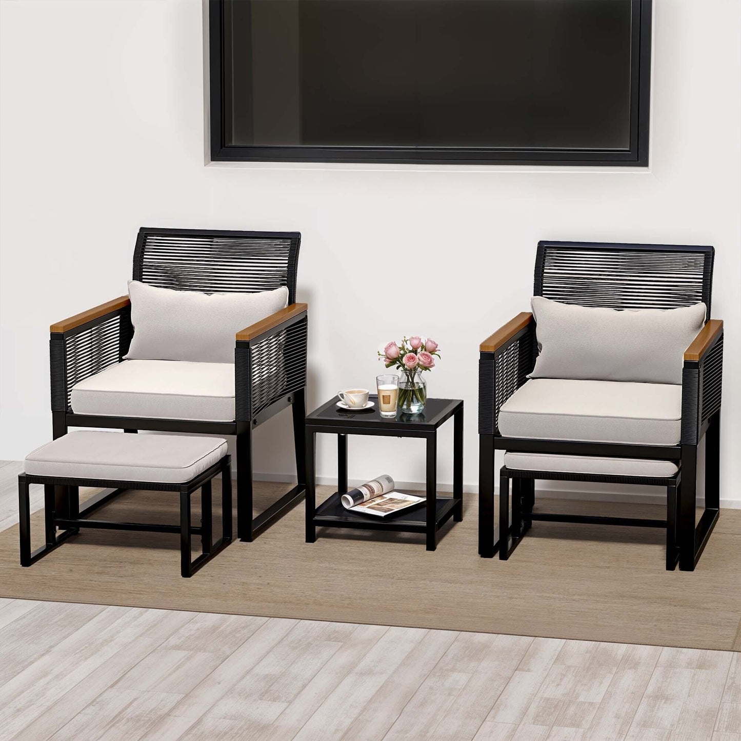 Ensemble bistro 5 pièces en osier avec coussins - 23,2 L x 28 l x 30,7 H