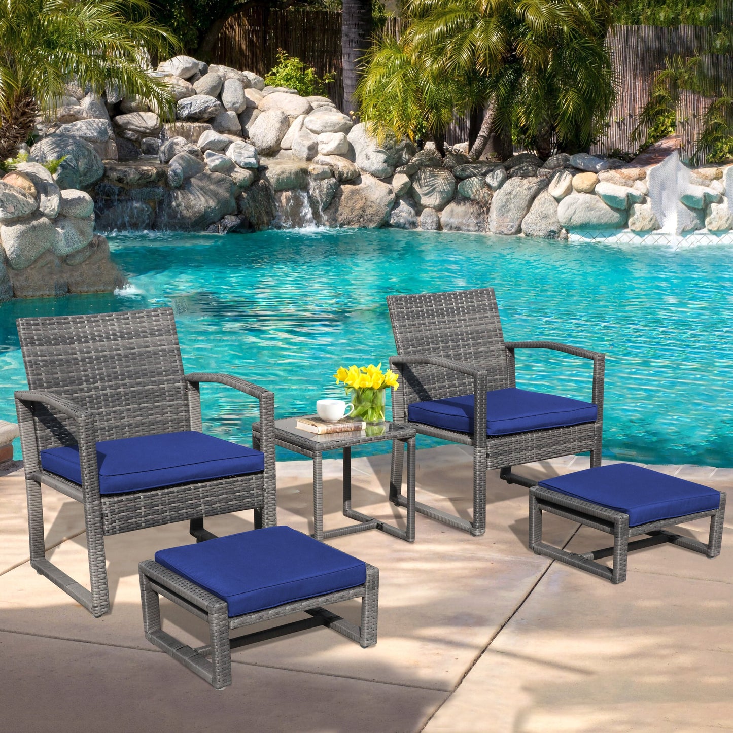 Ensemble de salon de jardin en osier 5 pièces avec fauteuils, poufs et table d'appoint