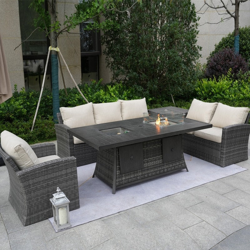 Canapé de patio en osier 5 pièces avec table et coffre de rangement