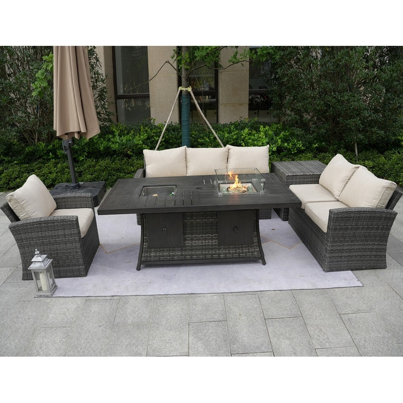 Canapé de patio en osier 5 pièces avec table et coffre de rangement