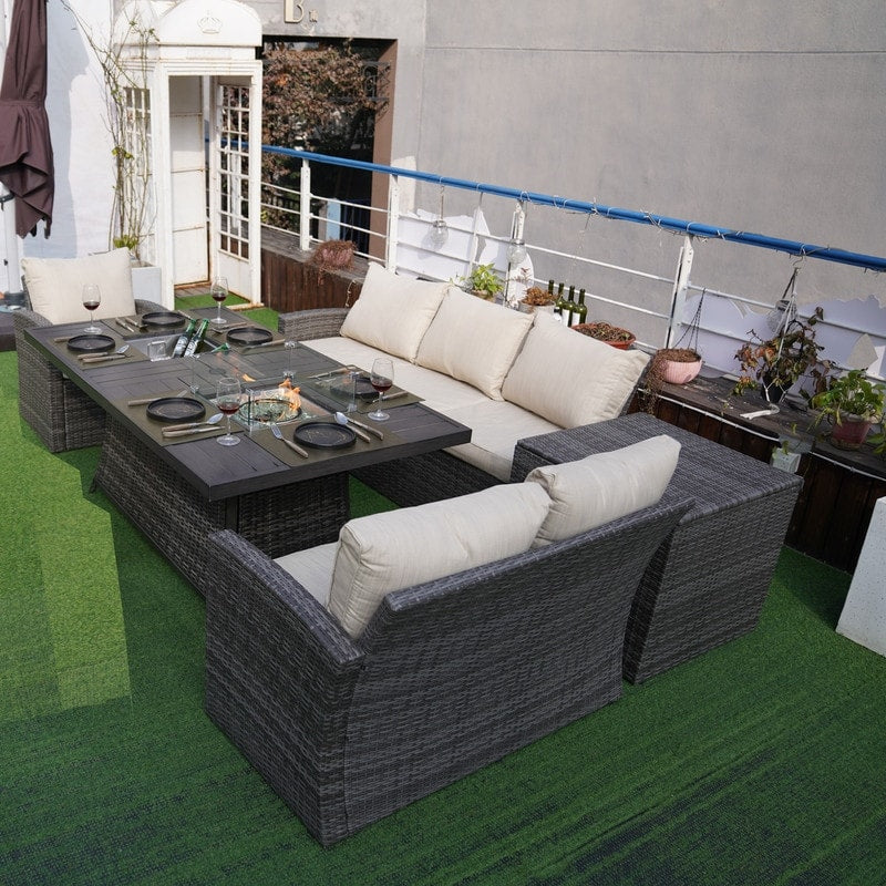 Canapé de patio en osier 5 pièces avec table et coffre de rangement