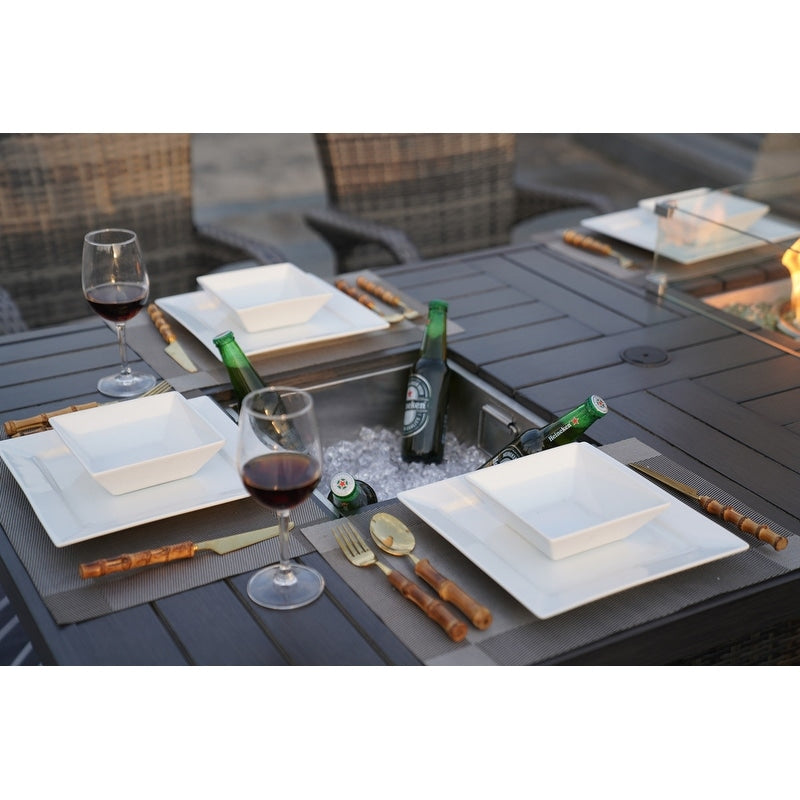 Canapé de patio en osier 5 pièces avec table et coffre de rangement