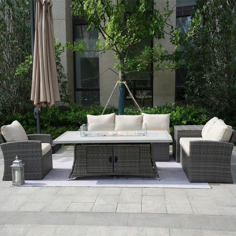 Canapé de patio en osier 5 pièces avec table et coffre de rangement