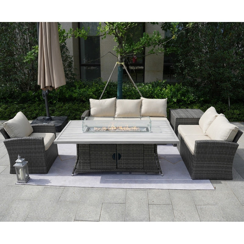 Canapé de patio en osier 5 pièces avec table et coffre de rangement