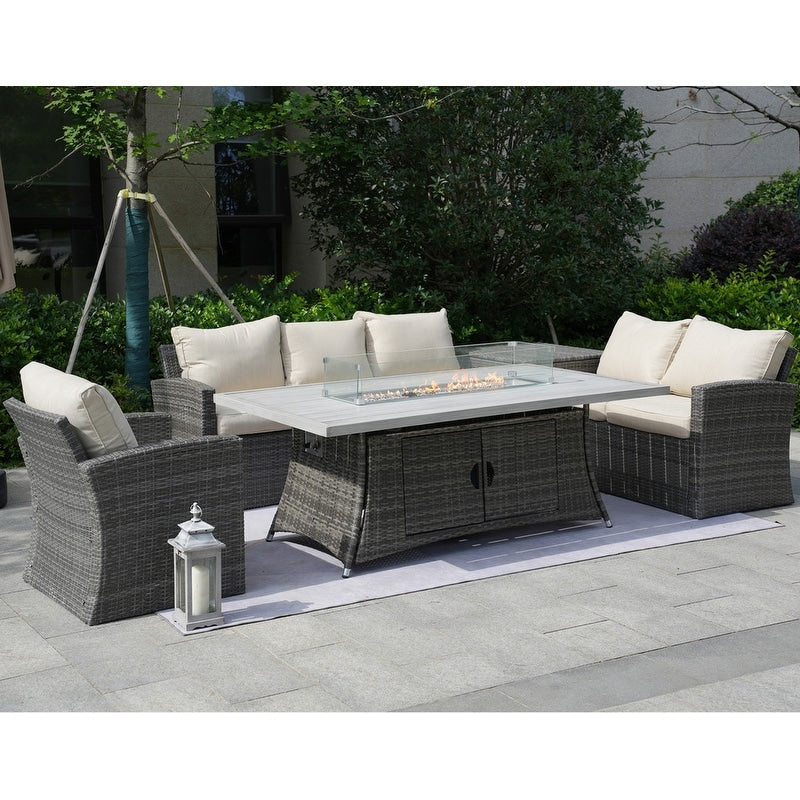 Canapé de patio en osier 5 pièces avec table et coffre de rangement