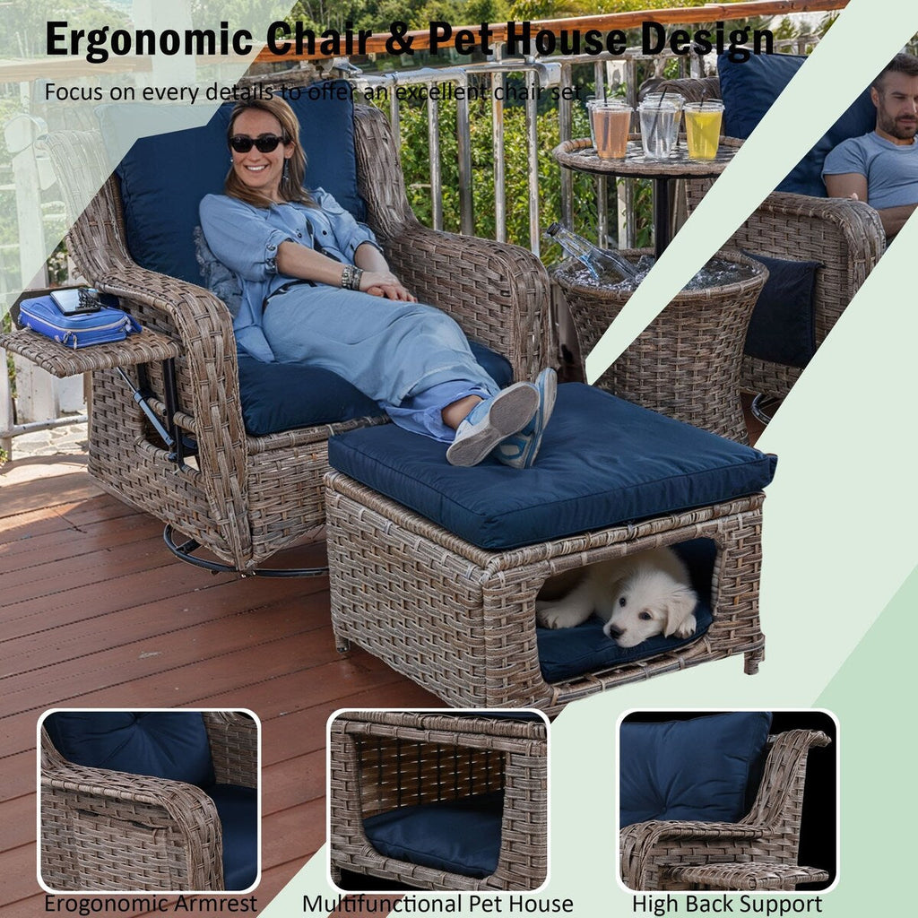 Ensemble de 5 chaises à bascule d'extérieur en osier avec table de bar et niche pour animaux
