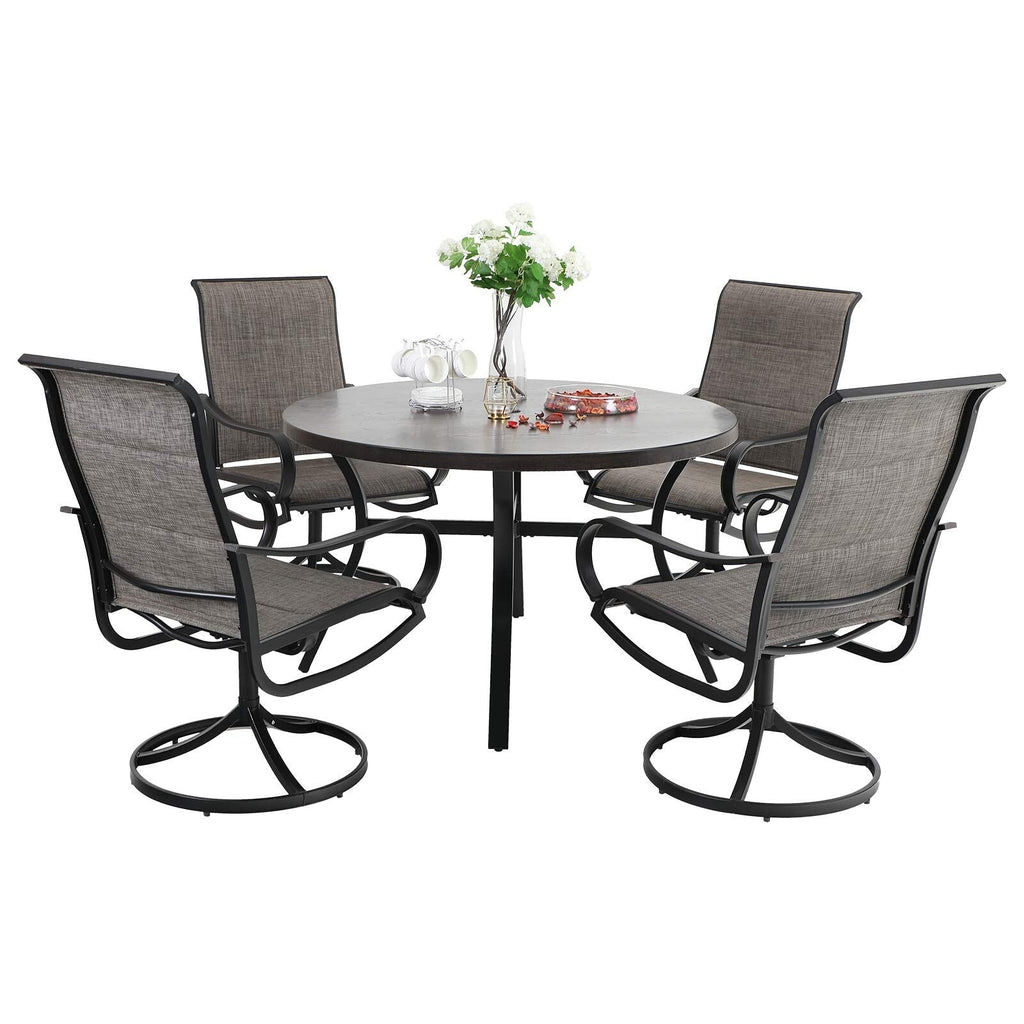 Ensemble de salle à manger d'extérieur 5 pièces, 4 chaises pivotantes rembourrées en mousse à séchage rapide et 44 tables rondes en métal grain de bois