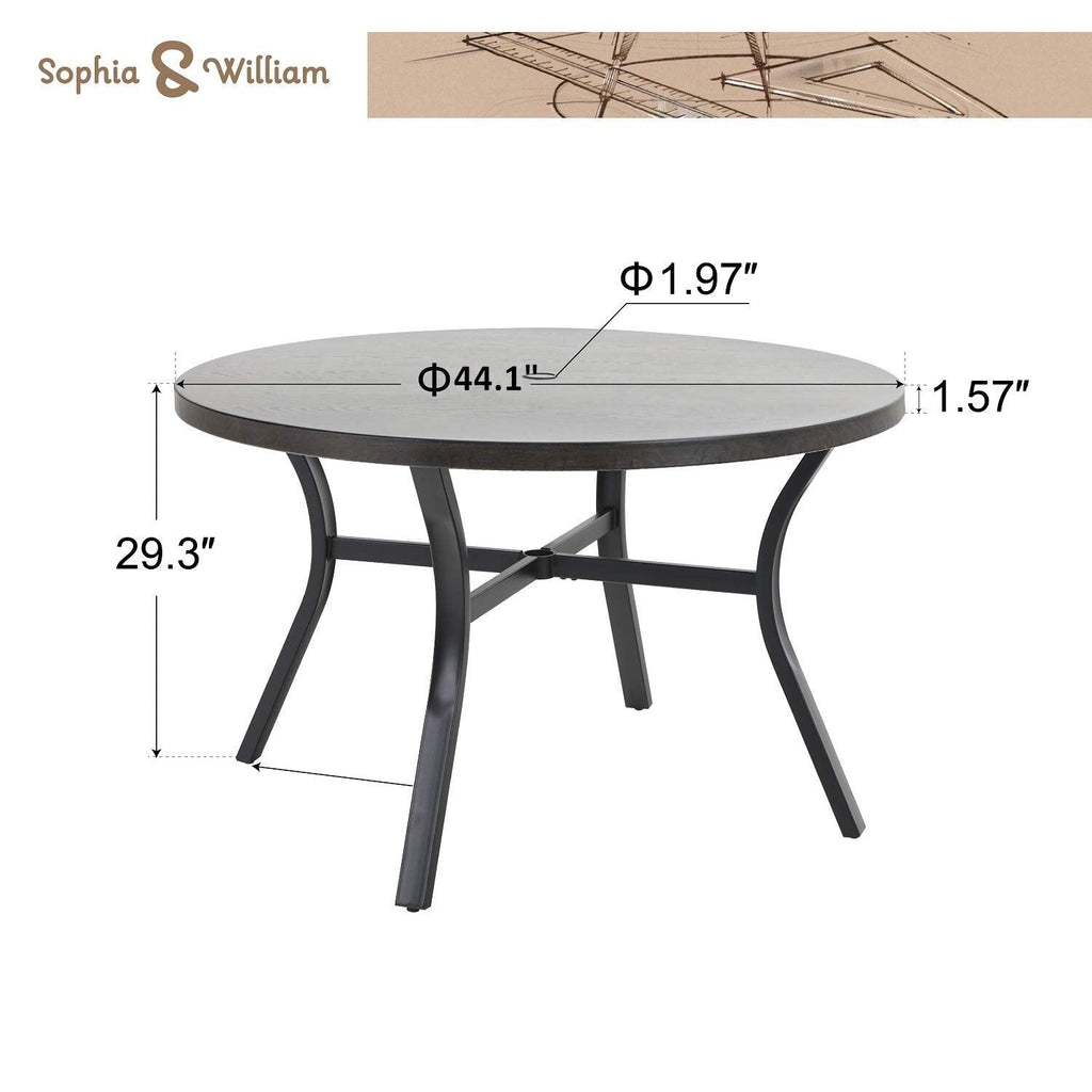 Ensemble de salle à manger d'extérieur 5 pièces, 4 chaises pivotantes rembourrées en mousse à séchage rapide et 44 tables rondes en métal grain de bois