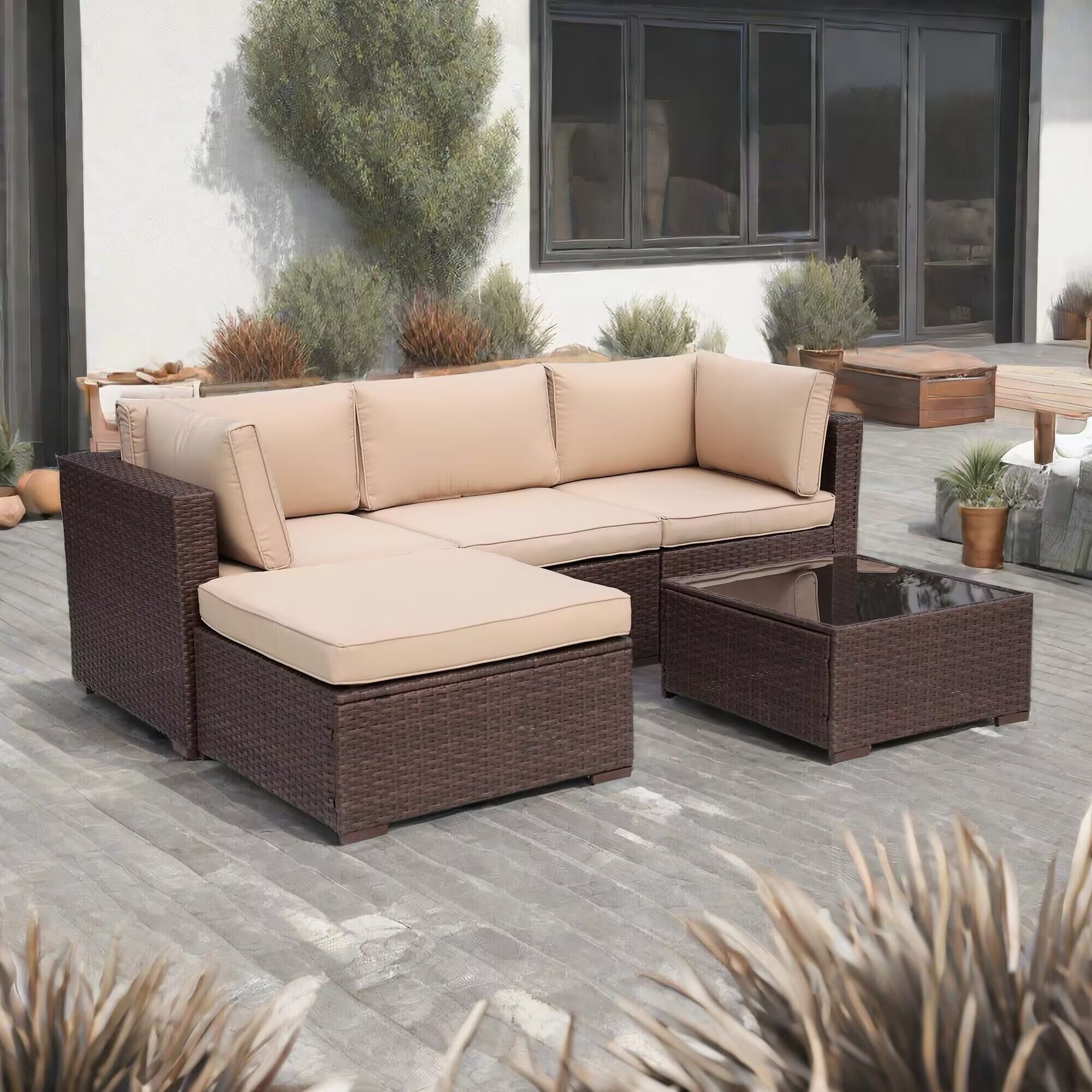 Ensemble de meubles d'extérieur sectionnels 5 pièces, ensemble de canapés en osier pour patio