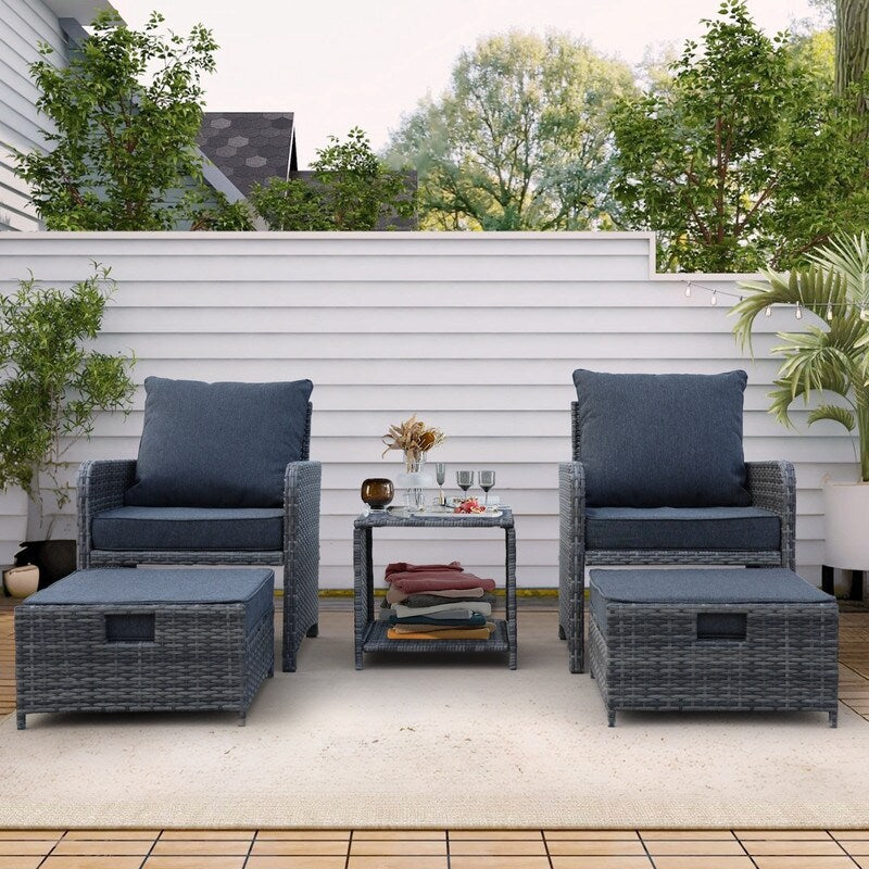 Ensemble de meubles de jardin en osier 5 pièces avec poufs et table basse