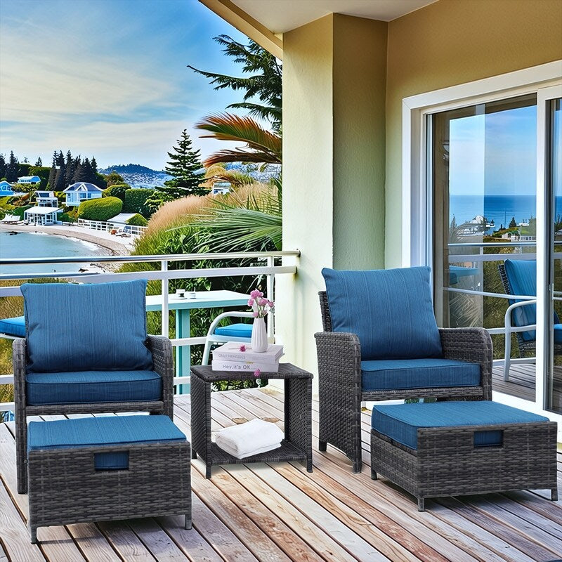Ensemble de meubles de jardin en osier 5 pièces avec poufs et table basse