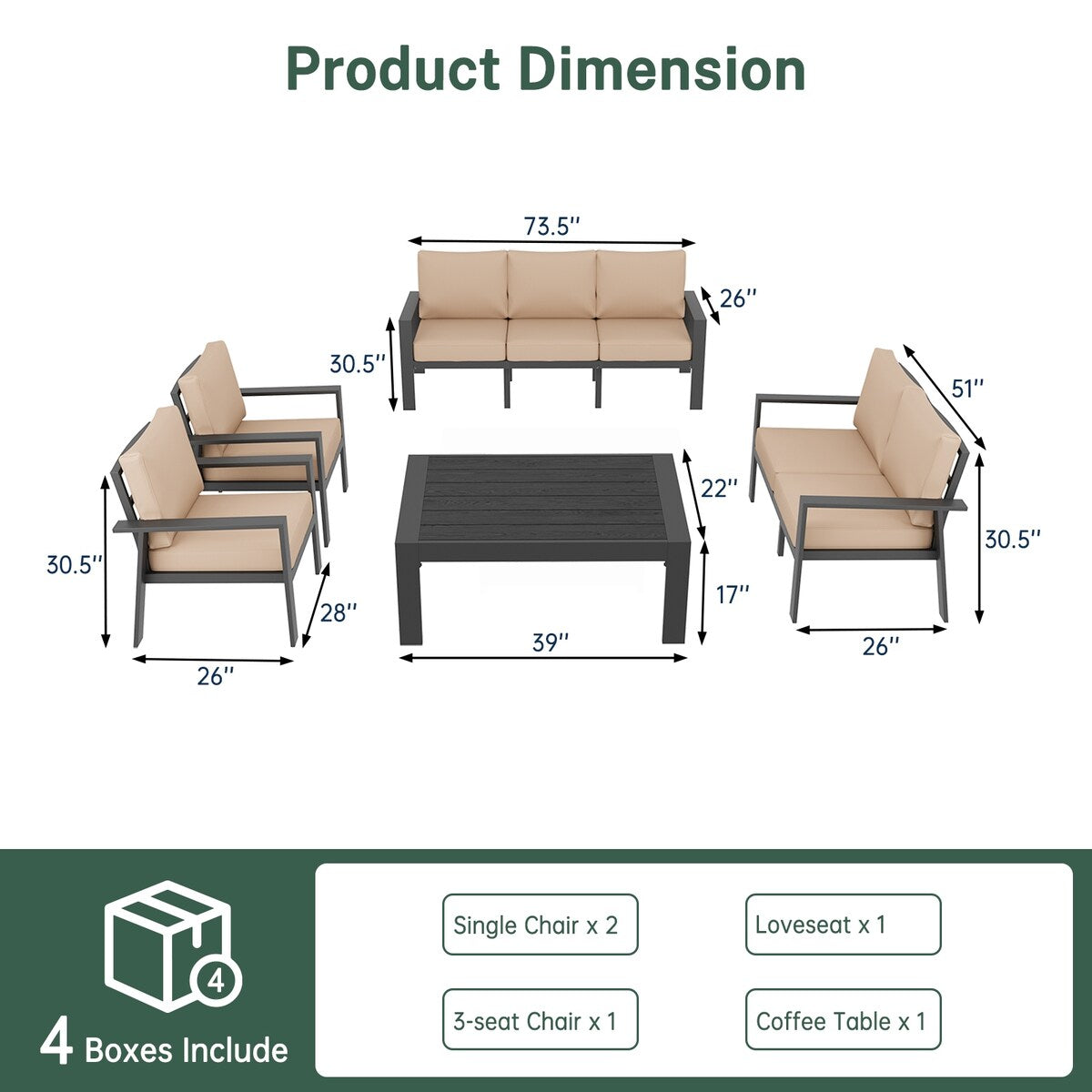 Ensemble de meubles de jardin 5 pièces en aluminium avec housse imperméable