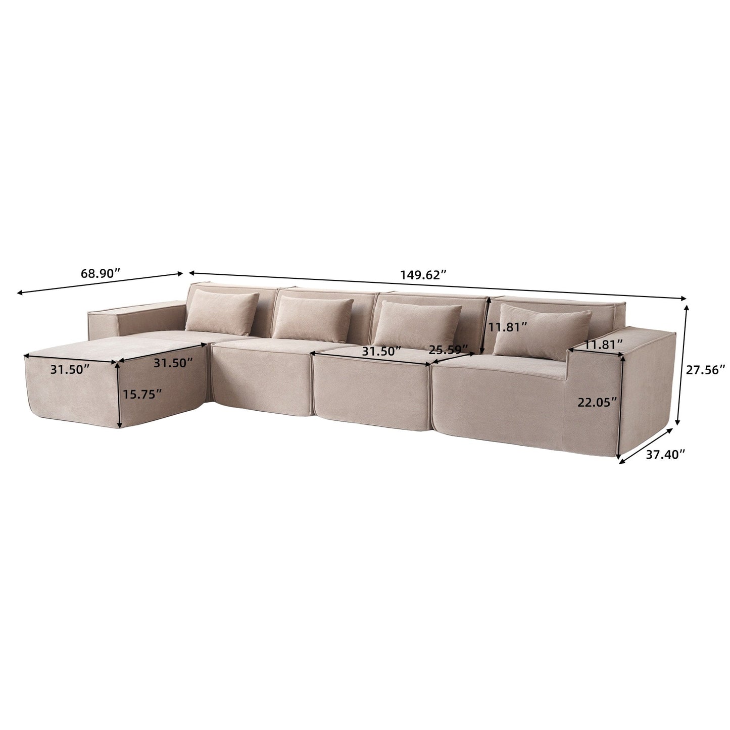 Canapé modulable en velours côtelé 5 places en forme de L avec plusieurs coussins