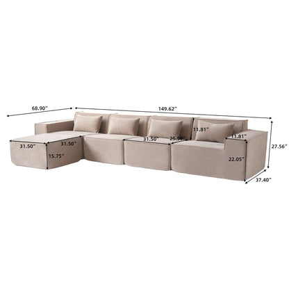 Canapé modulable en velours côtelé 5 places en forme de L avec plusieurs coussins