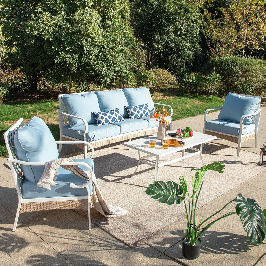 Ensemble de meubles de jardin 5 places MAISON ARTS, 2 chaises en métal rembourrées, 1 canapé 3 places avec table basse en marbre