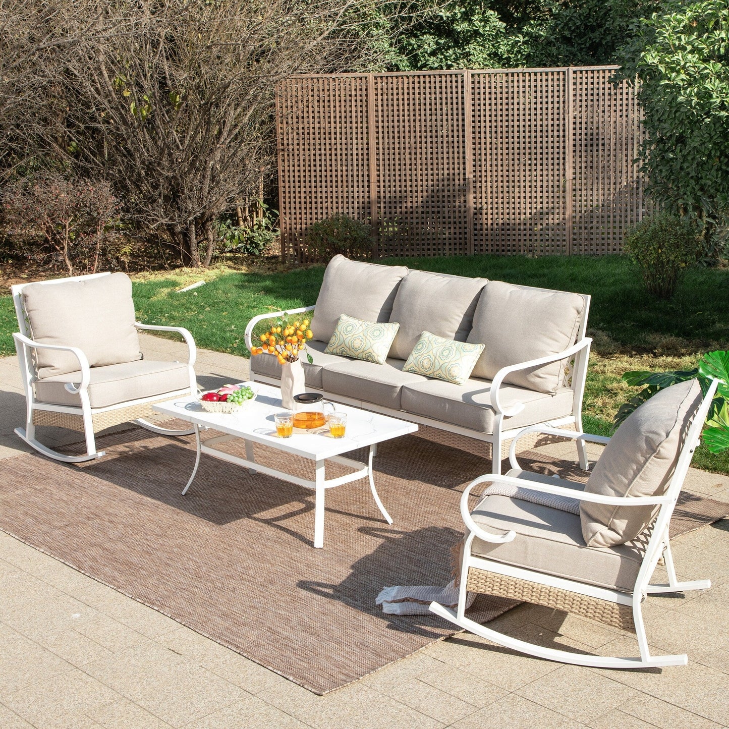 Ensemble de meubles de jardin 5 places MAISON ARTS, 2 chaises en métal rembourrées, 1 canapé 3 places avec table basse en marbre