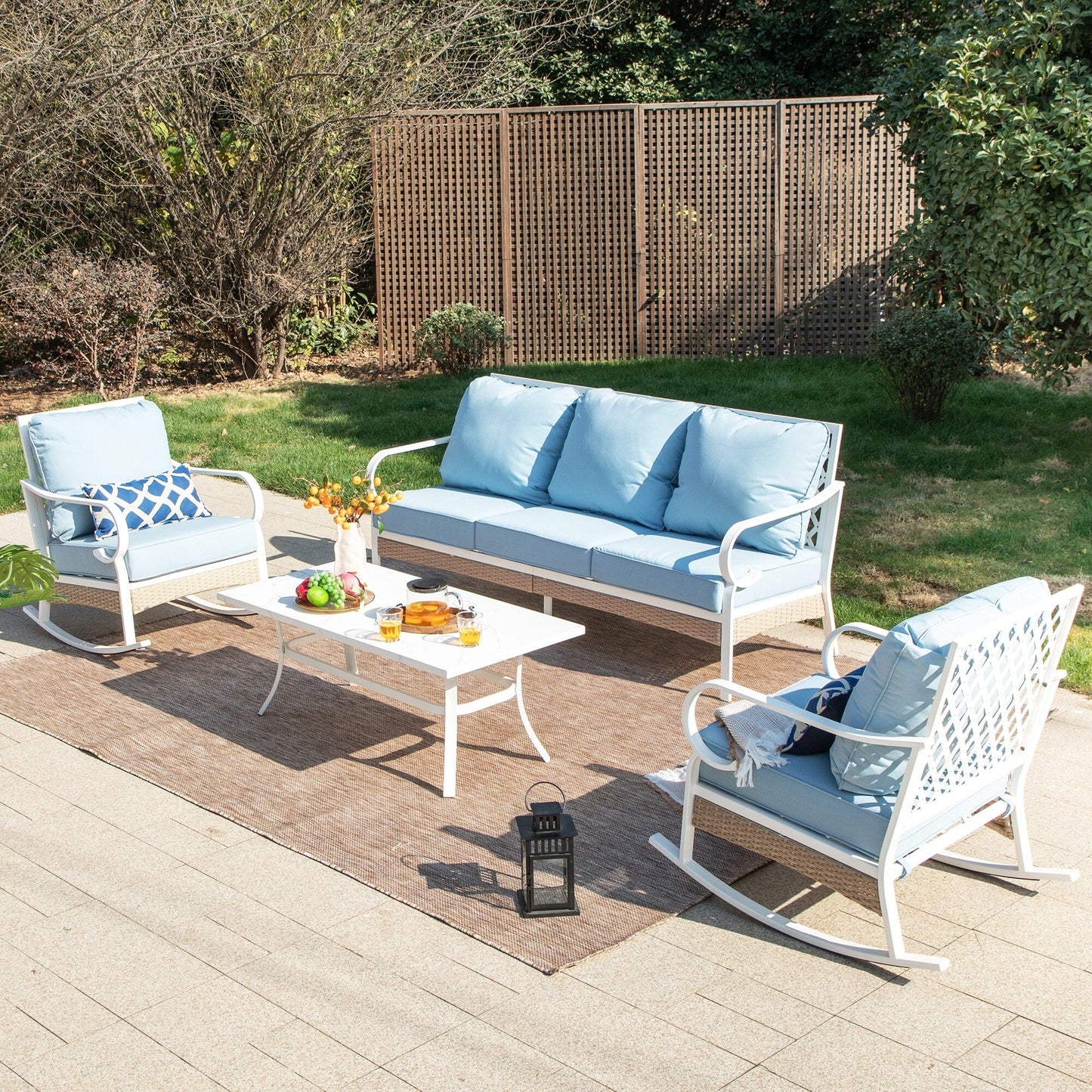 Ensemble de meubles de jardin 5 places MAISON ARTS, 2 chaises en métal rembourrées, 1 canapé 3 places avec table basse en marbre