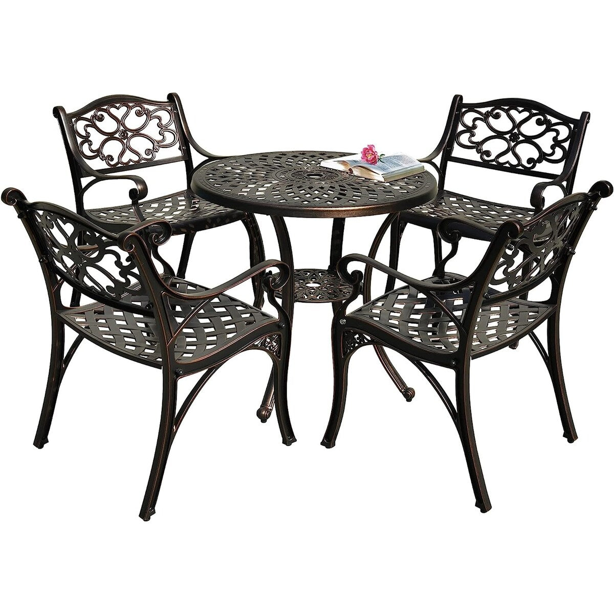Ensemble de salle à manger de patio en aluminium moulé 5 pièces avec trou pour parasol