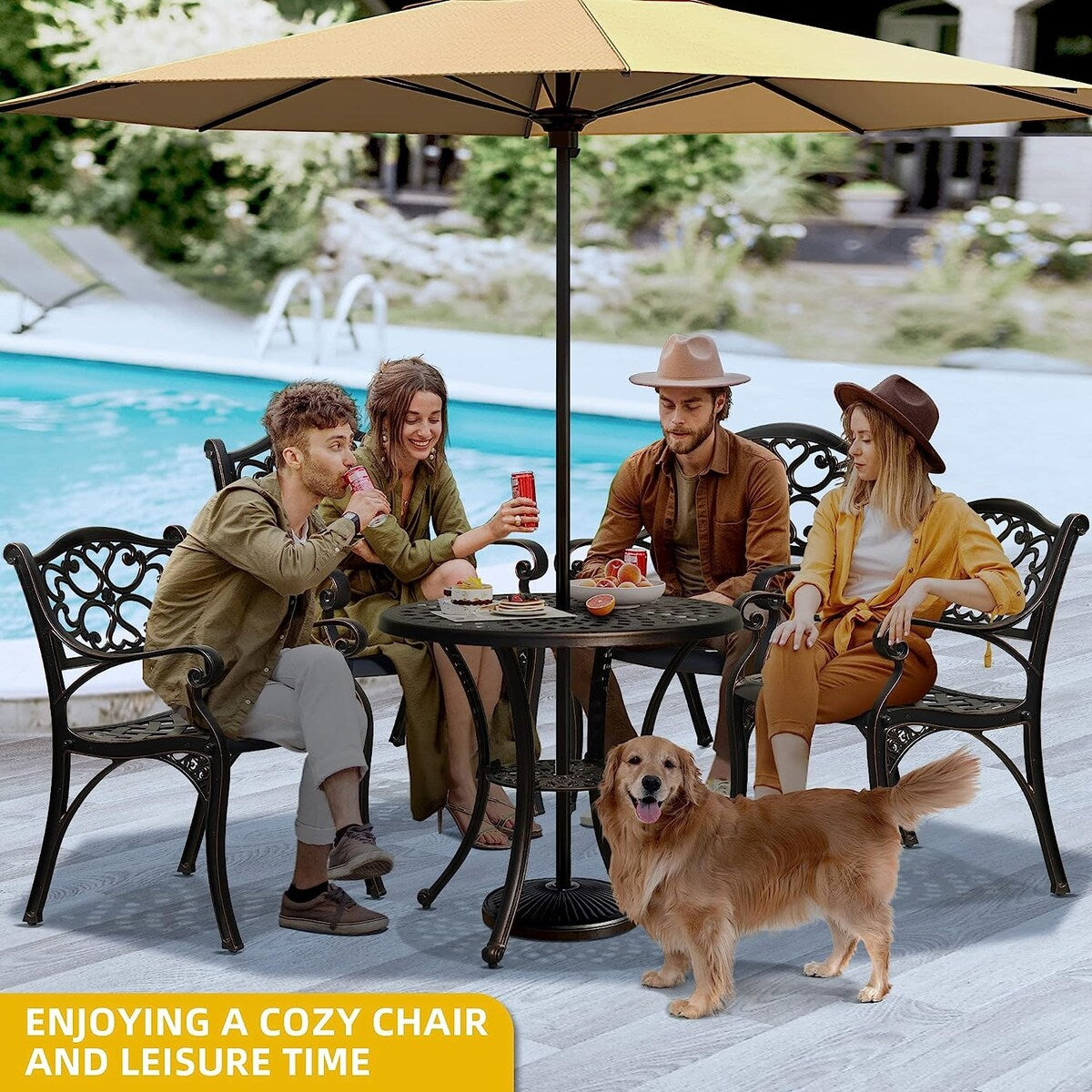 Ensemble de salle à manger de patio en aluminium moulé 5 pièces avec trou pour parasol