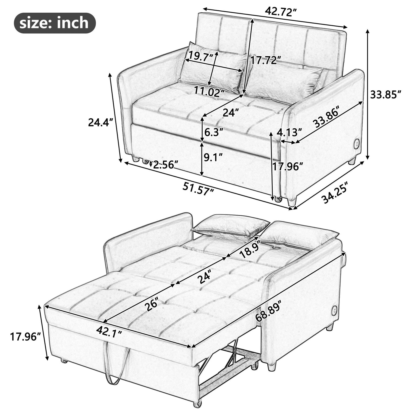 Canapé-lit convertible en polyuréthane 51,57 po avec 3 ports USB, capacité de 181 kg et mécanisme de lit gigogne