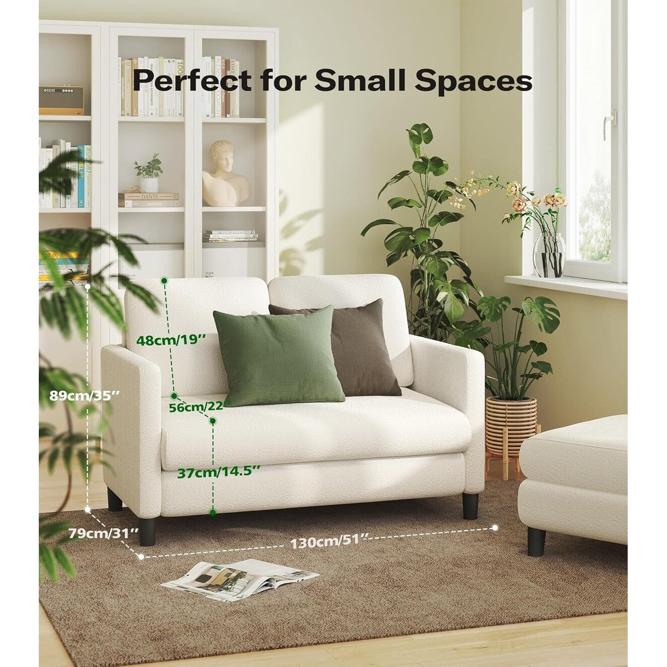 Canapé causeuse confortable Teddy 51 pour petits espaces - Structure entièrement en bois, installation sans outil pour chambre et salon, beige