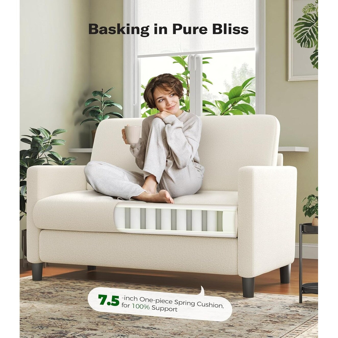 Canapé causeuse confortable Teddy 51 pour petits espaces - Structure entièrement en bois, installation sans outil pour chambre et salon, beige