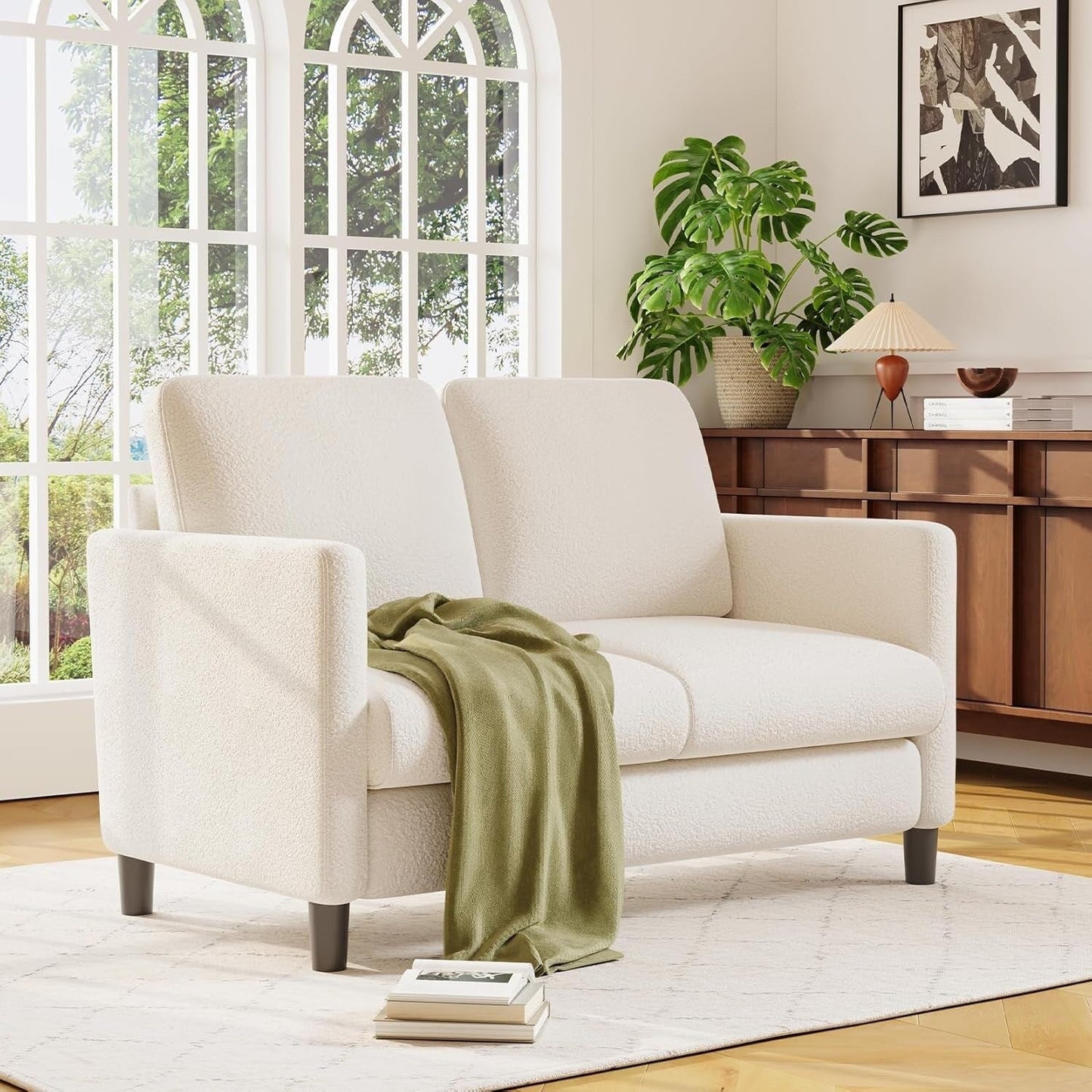 Canapé causeuse confortable Teddy 51 pour petits espaces - Structure entièrement en bois, installation sans outil pour chambre et salon, beige